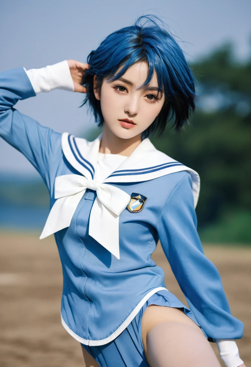 (masterpiece), (best quality), realistic, cinematic light, Mizuno Ami, Sailor Mercury, stand, battlefield background, perfect body, blue hair, uniform