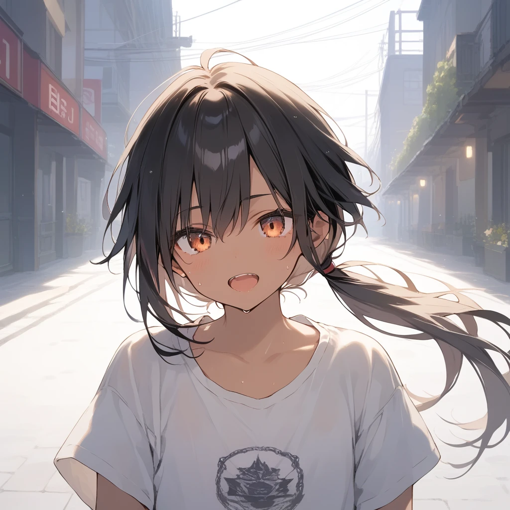 score_9, score_8_up, score_7_up, source_anime, best quality, masterpiece, official art, absurdres, highres, ultra-detailed,waifu2x,Collection: Slice of Life,break,1girl, tomboy, dark-skinned female, short hair, low ponytail, flat chest, beautiful detailed eyes, short shorts, sweat, open mouth, (yawn:0.3), sleepily, outdoors, wind,break,(clear line illustration:1.2), super detailed skin,very high resolution, very aesthetic, Best sexual lighting powered by famous artist, 8k,cute picture,beauty illustration,photoshop_(medium),,(Detailed Lighting),best anime 8k konachan wallpaper, pixiv contest winner,