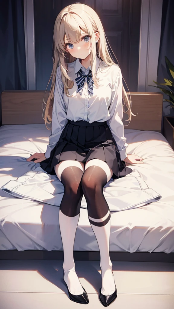 Top quality, masterpiece, High resolution, (Head to toe full body), front, frontやや下からの構図, Symmetric, Tall 18 year old girl, alone, (Head to toe), (Small breasts), bangs, (black tights), (Black Pantyhose), (Sit with your legs apart), (Crouching pose), (A composition showing white panties), (Her legs were spread、I see your white pants.), (I was made to sit on the floor with my legs spread..), (M-shaped legs), Thin legs, A very beautiful and tall 18 year old girl, (No shoes), blush, Shy big eyes, looking at the camera, Blazer Uniform, Checkered Pleated Skirt