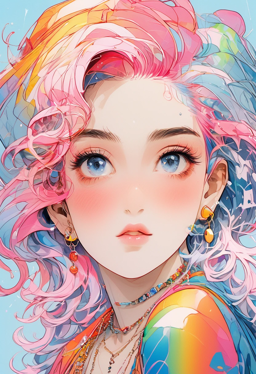 Real, High resolution, Soft Light,1. Female, alone, Hip Lift, Glowing Skin, (Detailed face),tattoo, jewelry, (Rainbow Hair,Colorful Hair,Half Blue Half Pink Hair:1.2), generally、Summer clothes