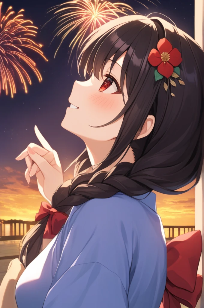 alone, One girl、Crown braids in the same color as your hair, hair ornaments, Hair Ribbon,(A light blue kimono with a red floral pattern and a red obi.)、Red Eyes、Black Hair、(blush:1.6)、(Profile of a smiling face with his mouth open:1.6)、Larger breasts、(The background is fireworks at night)、Looking up at the fireworks