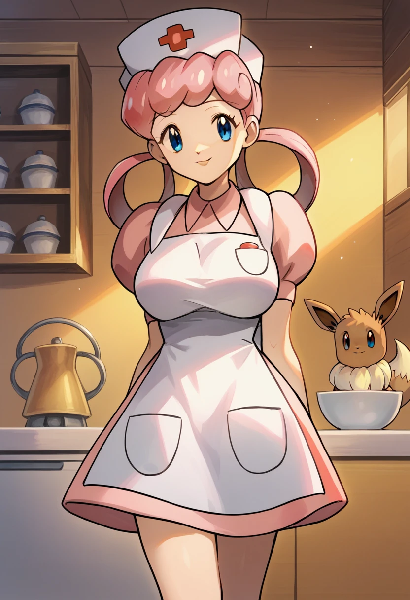 score_9, score_8_up,score_7_up, source_anime, 1girl, solo, eppknursejoy, pink hair,  blue eyes, long hair, large breasts, hair rings, bumper bangs, looking at viewer, hat, dress, closed mouth, short sleeves, puffy sleeves, apron, puffy short sleeves, nurse cap, nurse, indoors, smile, infirmary, pokemon, pokemon \(creature\), eevee,