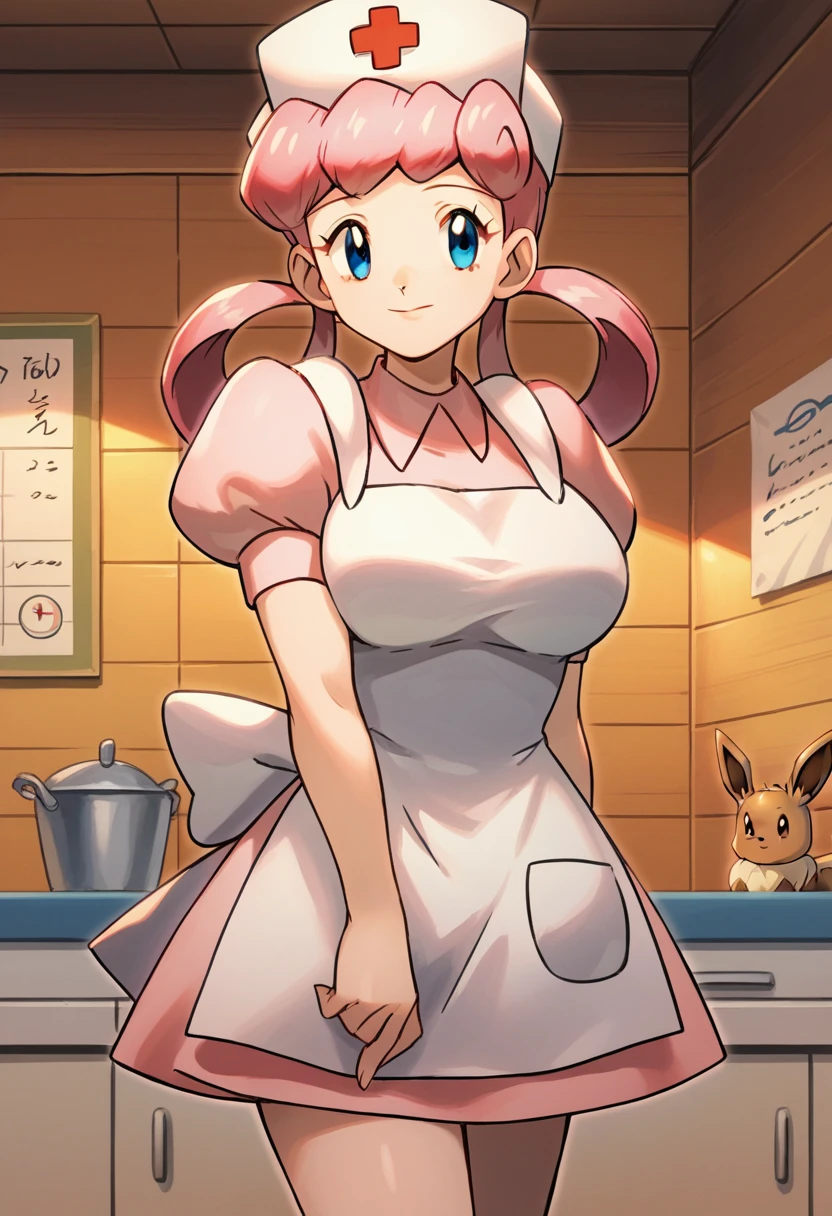 score_9, score_8_up,score_7_up, source_anime, 1girl, solo, eppknursejoy, pink hair,  blue eyes, long hair, large breasts, hair rings, bumper bangs, looking at viewer, hat, dress, closed mouth, short sleeves, puffy sleeves, apron, puffy short sleeves, nurse cap, nurse, indoors, smile, infirmary, pokemon, pokemon \(creature\), eevee,