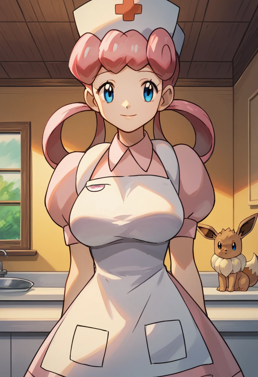 score_9, score_8_up,score_7_up, source_anime, 1girl, solo, eppknursejoy, pink hair,  blue eyes, long hair, large breasts, hair rings, bumper bangs, looking at viewer, hat, dress, closed mouth, short sleeves, puffy sleeves, apron, puffy short sleeves, nurse cap, nurse, indoors, smile, infirmary, pokemon, pokemon \(creature\), eevee,