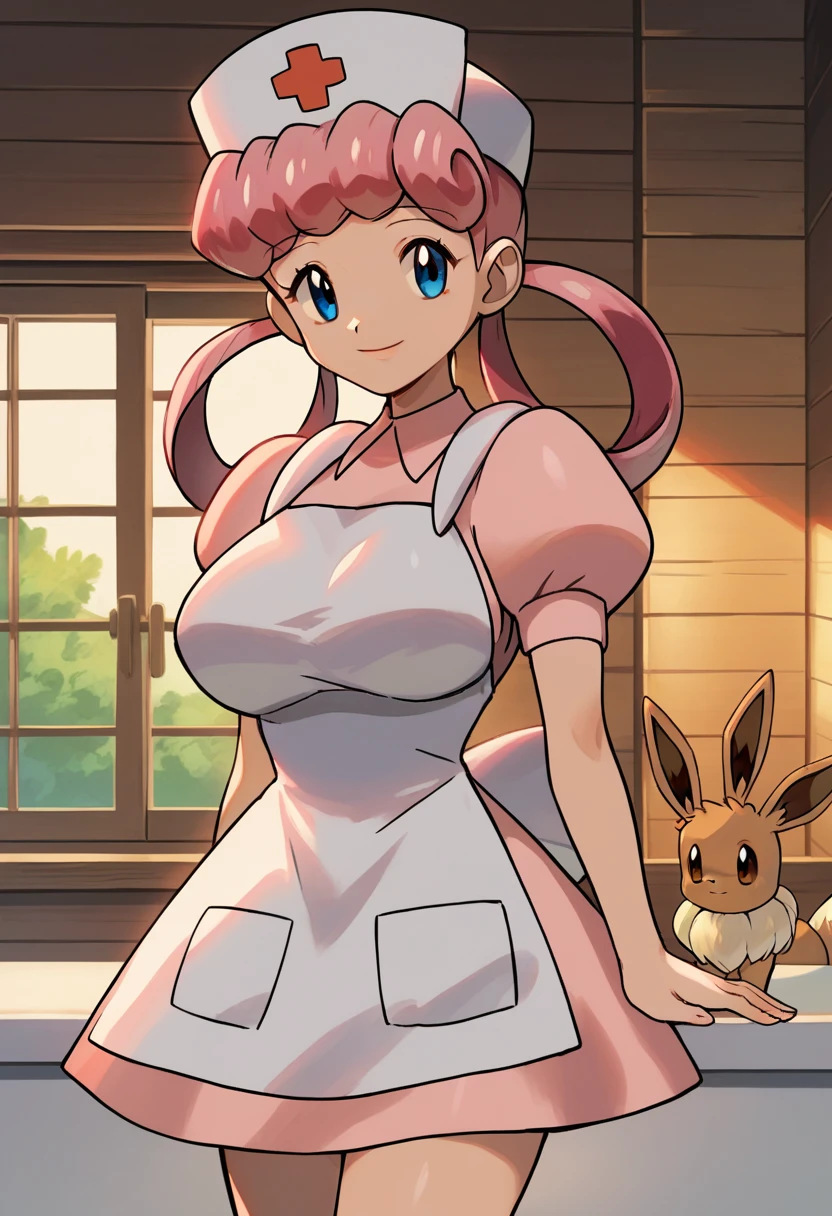 score_9, score_8_up,score_7_up, source_anime, 1girl, solo, eppknursejoy, pink hair,  blue eyes, long hair, large breasts, hair rings, bumper bangs, looking at viewer, hat, dress, closed mouth, short sleeves, puffy sleeves, apron, puffy short sleeves, nurse cap, nurse, indoors, smile, infirmary, pokemon, pokemon \(creature\), eevee,