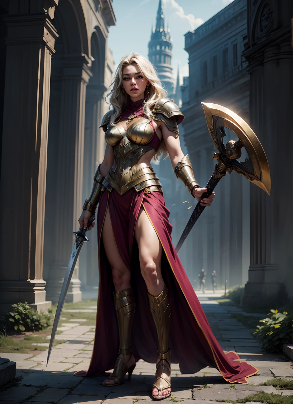 ((Full body photo, standing, feet on the ground)) Erica Durance as an Asgard, valkyrie, green eyes, fitness woman, Lady Knight, correct anatomy, holding a magical big sword, epic fantasy digital art, masterpiece, 8k, high-definition resolution, detailed drawing, Superior Quality, Epic composition, muscular body