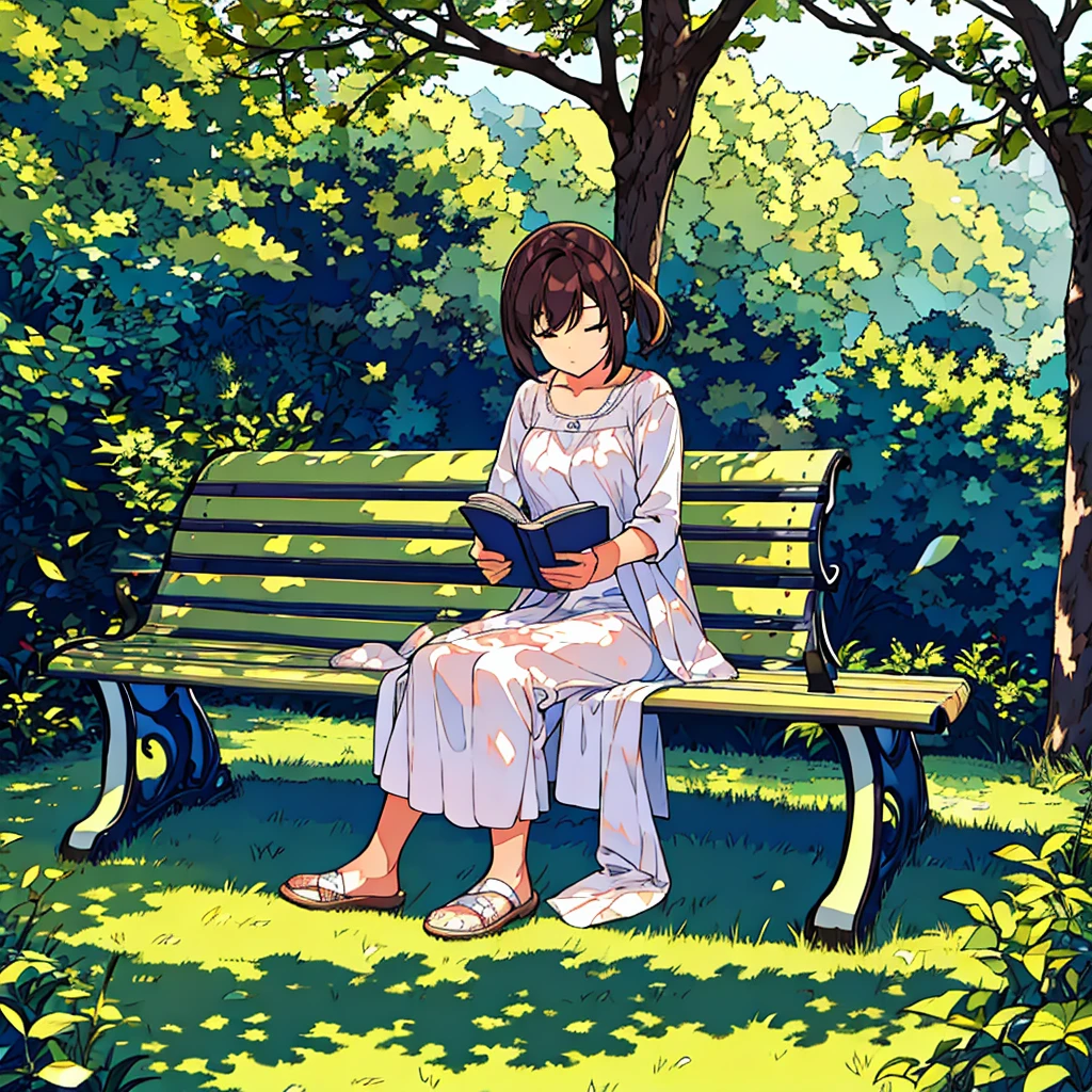 Summer A woman is sitting on a bench Sunlight through the trees Simple Nostalgic Reading a book