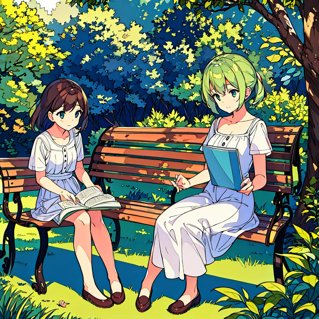 Summer A woman is sitting on a bench Sunlight through the trees Simple Nostalgic Reading a book