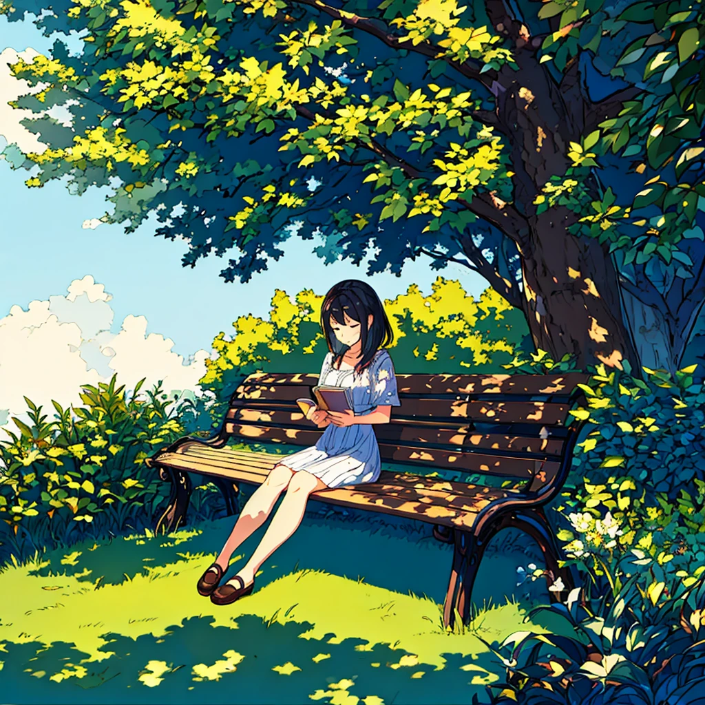Summer A woman is sitting on a bench Sunlight through the trees Simple Nostalgic Reading a book