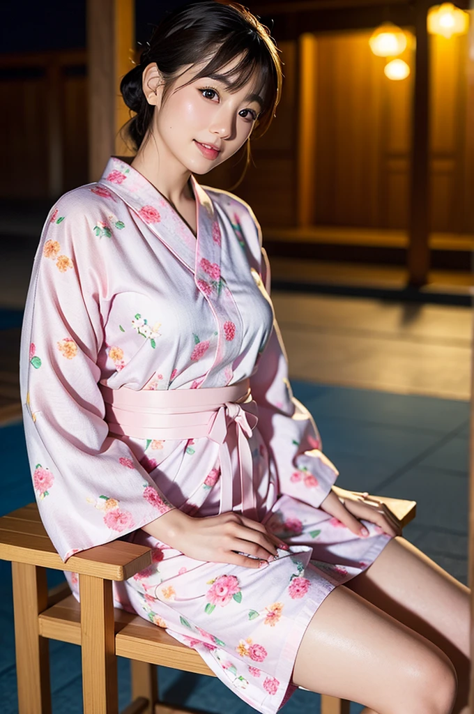 (yinchuan:1.5), close-up, masterpiece, best quality, raw photo, photorealistic, big breasts, beautiful face, soft smile, 26 year old girl, light pink yukata, floral yukata, sitting on a chair, pretty legs visible, night, depth of field, high resolution, ultra detail, fine detail, highly detailed, very detailed eyes and face, sharp pupils, realistic pupils,medium breast
