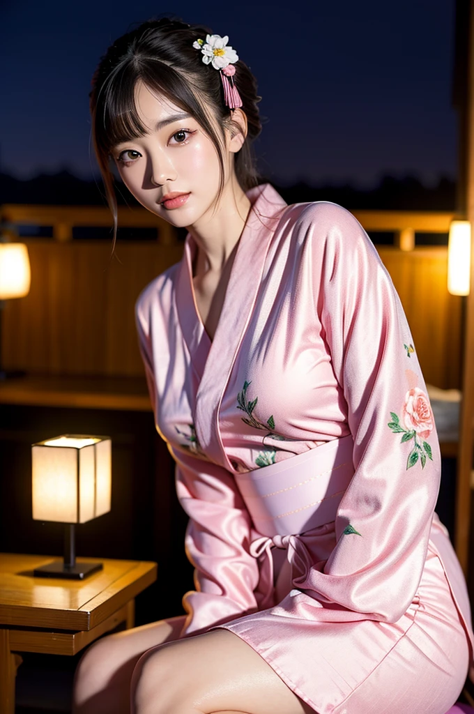 (yinchuan:1.5), close-up, masterpiece, best quality, raw photo, photorealistic, big breasts, beautiful face, soft smile, 26 year old girl, light pink yukata, floral yukata, sitting on a chair, pretty legs visible, night, depth of field, high resolution, ultra detail, fine detail, highly detailed, very detailed eyes and face, sharp pupils, realistic pupils,medium breast