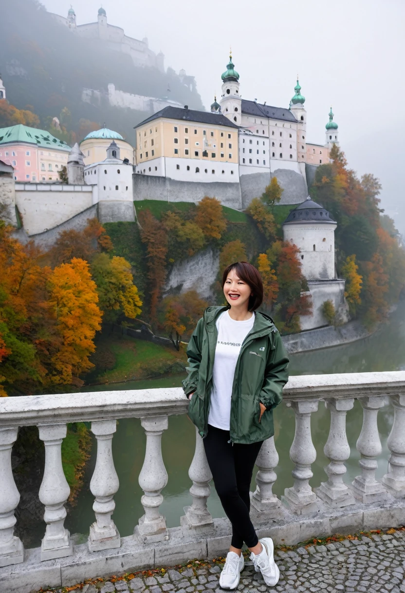 high quality, 1 woman, ((36 years old 건강한 한국 여성)), ((36 years old)), 1 woman, The eyes are big and beautiful. ((slim)), ((short medium hair)), laugh. pose: standing, windbreaker jacket, background:Your residence is a baroque townhouse with a plaster façade and wrought iron railings.... Overlooking the Salzach River and Hohensalzburg Fortress, autumn, Morning fog,, looking slightly upward, 1 woman, Full body shot with Canon 16-34 wide angle lens, View: river view, look up to the side, There is a thick fog in the river.