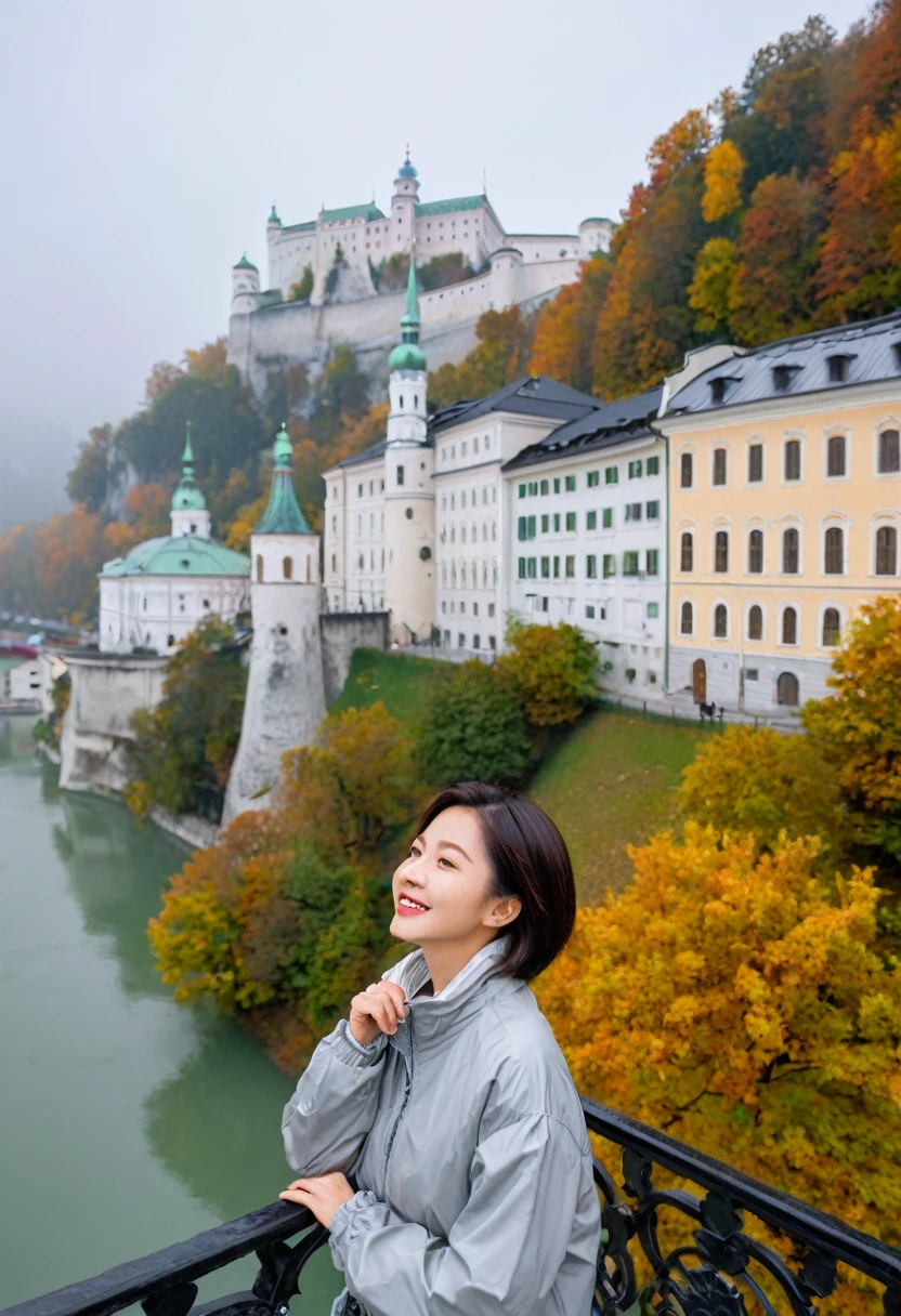 high quality, 1 woman, ((36 years old 건강한 한국 여성)), ((36 years old)), 1 woman, The eyes are big and beautiful. ((slim)), ((short medium hair)), laugh. pose: standing, windbreaker jacket, background:Your residence is a baroque townhouse with a plaster façade and wrought iron railings.... Overlooking the Salzach River and Hohensalzburg Fortress, autumn, Morning fog,, looking slightly upward, 1 woman, Full body shot with Canon 16-34 wide angle lens, View: river view, look up to the side, There is a thick fog in the river.