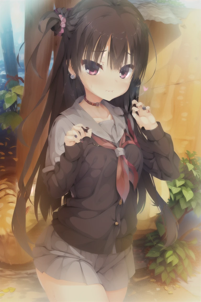 1girl,bangs,brown_hair,long_hair,black_skirt,blush,skirt,neckerchief,sweat,Sweatdrop,breasts,heart,jewelry,eyebrows_ass visible_through_hair,red_eyes,looking_at_viewer,twintails,small_breasts,school_uniform,serafuku,独奏_focus,hair_between_eyes,nail_polish,earrings,collar,chain,shirt,pleated_skirt,short_sleeves,holding,collarbone,wavy_mouth,piercing,sailor_collar,Fingernails,black_shirt,sparkle,ass pov,out_of_frame,red_neckwear,hands_up,closed_mouth,leash,blurry,depth_of_field,glint,black_serafuku,flying_Sweatdrops,white_sailor_collar,ass pov_hands,animal_collar,viewer_holding_leash,red_collar,black_nails,blurry_foreground,holding_chain,holding_leash,expensive_solve, clear_image, expensive_Contrast, 8k, Sparkling, beautiful_detailed_face_and_eye,白 eye,