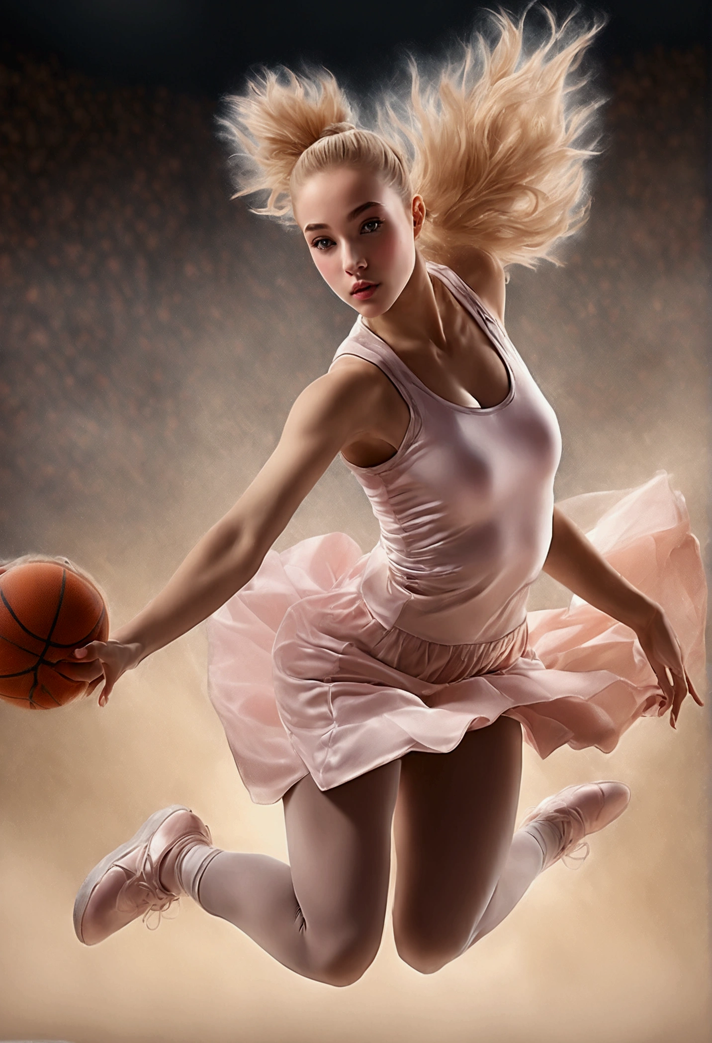 Arafed a sports capture picture of a beautiful ballet dancer dunking at a basketball game,  (dunking at a basketball game: 1.3) at a basketball game, an exotic beautiful ballet dancer, blond hair, long hair, dynamic eyes color, concentrated look, determined look, best detailed face, dynamic skin color, wearing ballet clothes and shoes, and dunking, ultra wide shot, photorealistic, vibrant, Ultra-high resolution, High Contrast, (masterpiece:1.5), highest quality, Best aesthetics), best details, best quality, highres, ultra wide angle, 16k, [ultra detailed], masterpiece, best quality, (extremely detailed),