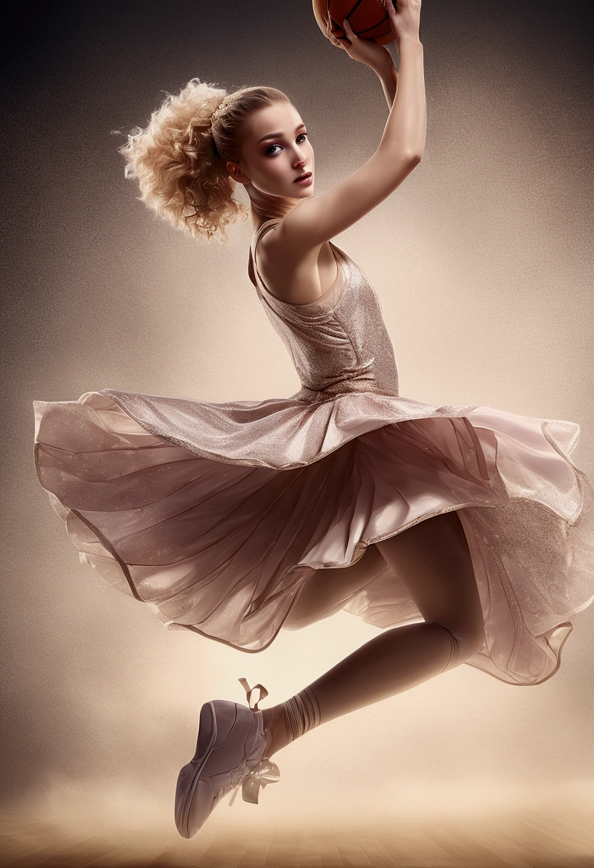Arafed a sports capture picture of a beautiful ballet dancer dunking at a basketball game,  (dunking at a basketball game: 1.3) at a basketball game, an exotic beautiful ballet dancer, blond hair, long hair, dynamic eyes color, concentrated look, determined look, best detailed face, dynamic skin color, wearing ballet clothes and shoes, and dunking, ultra wide shot, photorealistic, vibrant, Ultra-high resolution, High Contrast, (masterpiece:1.5), highest quality, Best aesthetics), best details, best quality, highres, ultra wide angle, 16k, [ultra detailed], masterpiece, best quality, (extremely detailed),