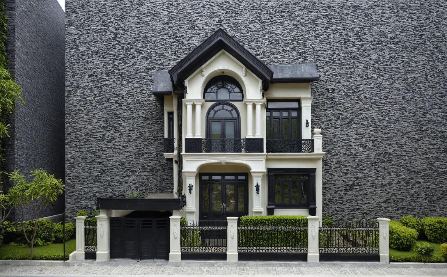 (Image lumineuse), Une maison de style moderne à deux étages au milieu du Vietnam, (dark granite tiled wall),(classic detail), architecture simple et élégante avec murs blancs sur la moitié supérieure et toit en tuiles grises, large windows with, the door of&#39;entrée est blanche avec une forme cintrée, Bonsai, large tiled stone courtyard, photographie professionnelle, day light, Natural light, photographie haute résolution, (best quality, ultra realistic, head of&#39;artwork:1.15)