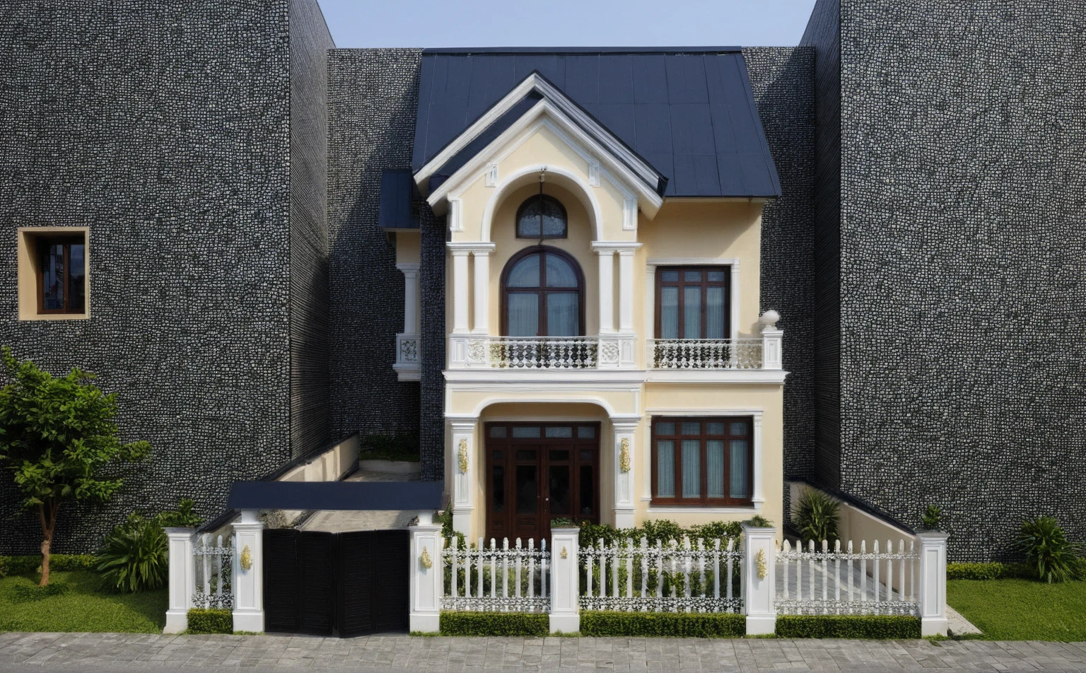 (Image lumineuse), Une maison de style moderne à deux étages au milieu du Vietnam, (dark granite tiled wall),(classic detail), architecture simple et élégante avec murs blancs sur la moitié supérieure et toit en tuiles grises, large windows with, the door of&#39;entrée est blanche avec une forme cintrée, Bonsai, large tiled stone courtyard, photographie professionnelle, day light, Natural light, photographie haute résolution, (best quality, ultra realistic, head of&#39;artwork:1.15)