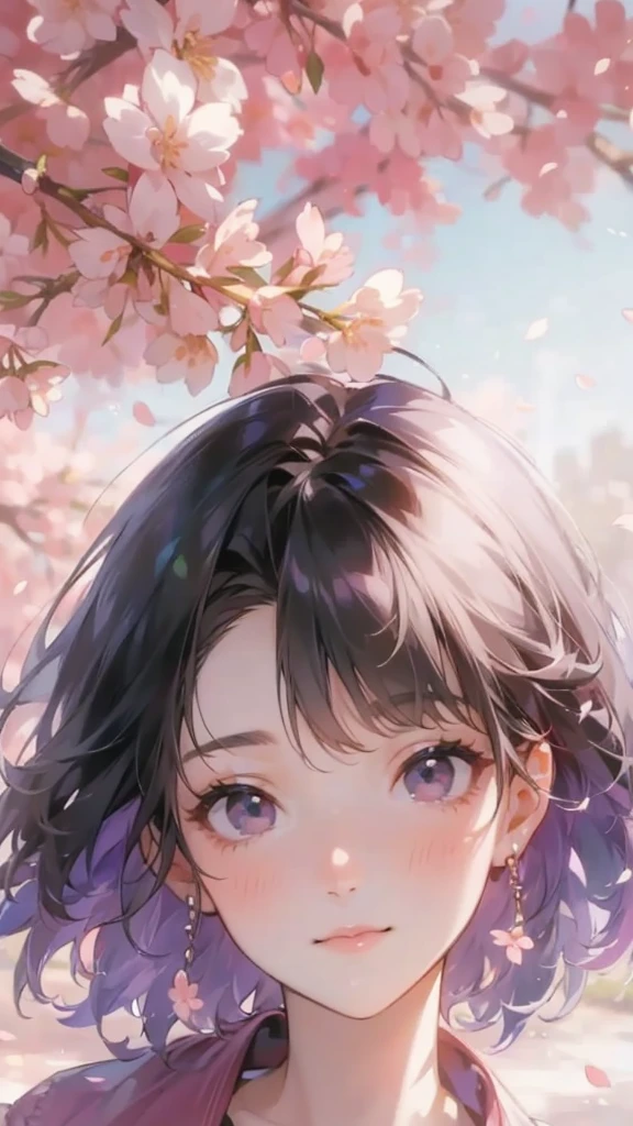 The background is full of cherry blossoms, and the half-length photo shows short hair, black eyes, and purple.
