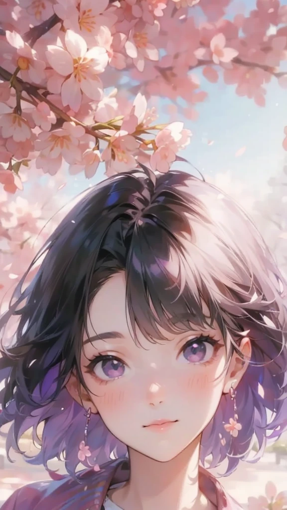 The background is full of cherry blossoms, and the half-length photo shows short hair, black eyes, and purple.