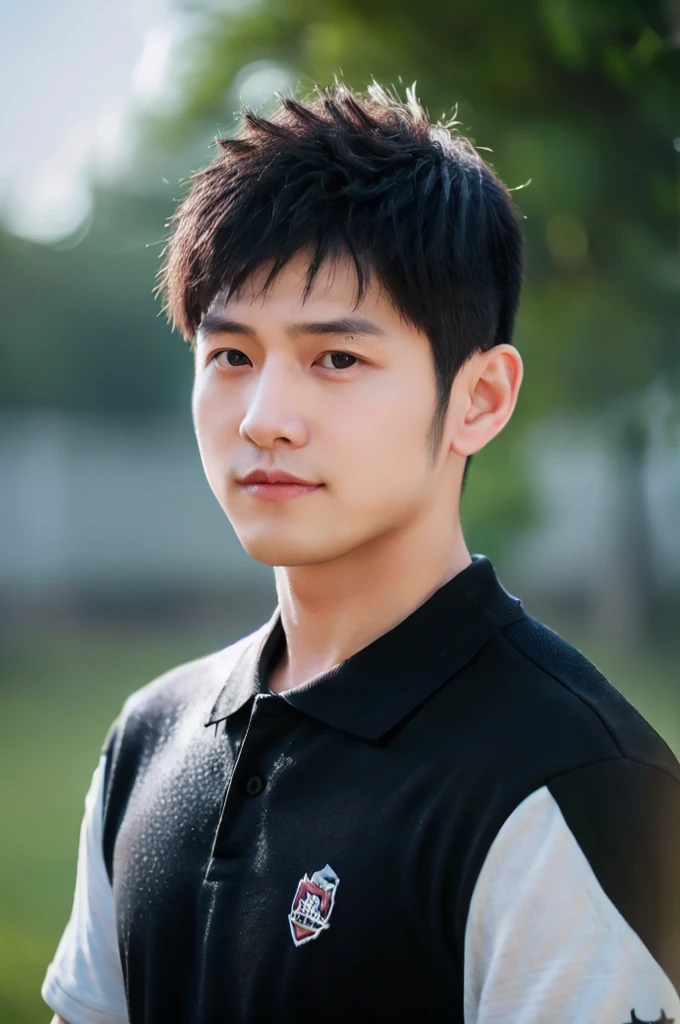 ((Highest quality, 8k, Masterpiece: 1.3))、Thailand Laos Burma Asia, Thai man, A handsome Asian rugby player with short hair, a muscular beard, and big muscles., １A man who has、20 yo、Good appearance、Beautiful nose、smile、 Detailed eyes and face、beautiful light、(studio)、high resolution、（Look at the viewer.）、Fine mouth、smile、whole body: 1.5, perfect shape: 1.3, looking at camera ,black polo shirt, ((field)), sunlight looking at the field