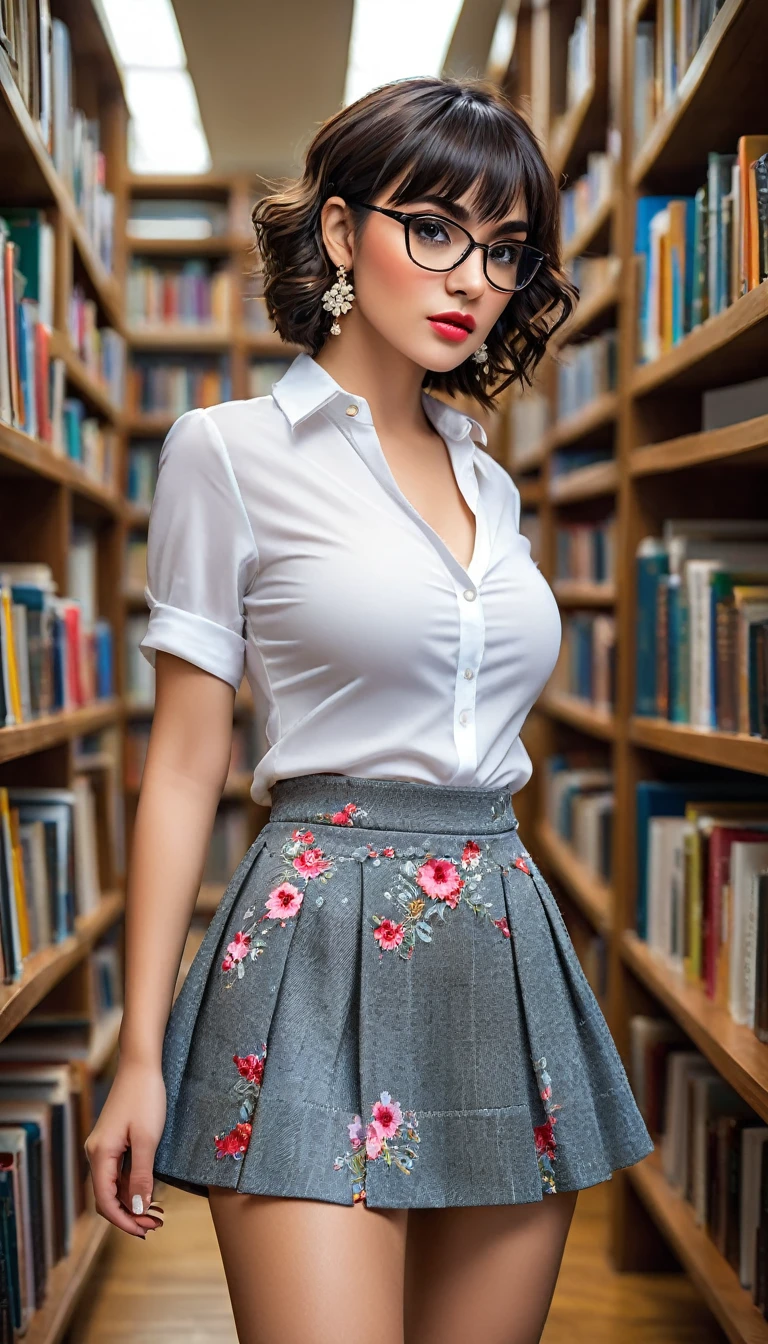 (((beautiful beautiful Isabela Merced, posing for uploadss, looking sexy, ruffled lips, Cabelo curto e curly, extremely pretty eyes))), ((wearing floral silver necklace)), realistic uploadsgraph, highy detailed, Foco do pointed, (Main lighting), (indoor bookstore environment), artwork, extremely pretty, Perfect beauty, (perfect shape body, Broad Hips, small waist, thick-thighs, firm abs, Body cute, knees, knees, focus on the knees, breasts small), cabelo curto com franja, short hair with bangs covering the forehead, cabelo curto com franja ((((short hair with bangs covering the forehead)))), ((30 years old)), (extremely detaild 8k wallpaper), ((face detailed)), (((wearing white shirt, saia curta de tweed, knees, knees, stitched nylons, Strad sandals)), (long dark eyelashes), (((earrings))), ((())), (((seen from behind))), (looking at the camera), ((())), (glamor model), (seductive facial expression) (((standing between high shelves full of books))), extremely detaild, artwork, Intricate details, highy detailed, Foco do pointed, skin detailed, realistic skin texture, texture, detailedeyes, high resolution, kodak vision color, uploads_\(ultra\), Post-processing, maximum detail, roughness, real-life, ultra realistic, uploadsrealism, uploadsgraphy, absurderes, RAW uploads, highest quallity, high detail RAW color uploads, professional uploads, extremely detaild UHD 8k wallpaper unit, best quality, high resolution, (artwork, maximum quality, high resolution:1.4), uploads, cinematic, film grain, pointed, soft natural light, magic uploadsgraphy, super verbose, ((whole body: legs 1.3)), librarian glasses, nerd glasses, ((pleated miniskirt: miniskirt 1.3)), unbuttoned blouse with cleavage