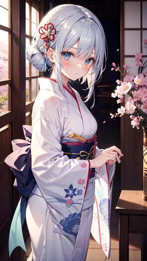 Create an image of a shy girl with silver hair and cyan eyes, looking down with a lack of confidence. Her hair is long and flowing, adorned with delicate silver hairpins. She is wearing a beautiful, intricate kimono with floral patterns, standing in a serene Japanese garden with cherry blossoms in the background. The camera angle is slightly from the side, capturing her delicate profile and the tranquil scenery. The girl is making eye contact with the camera, adding a sense of connection to the viewer. Her fingers should be accurately depicted, with precise details on the shape and positioning. The kimono's obi sash should include detailed depictions of the obidome, ensuring accuracy in its design and ornamentation. Ensure the image is a masterpiece with the best quality, very detailed, and very delicate.