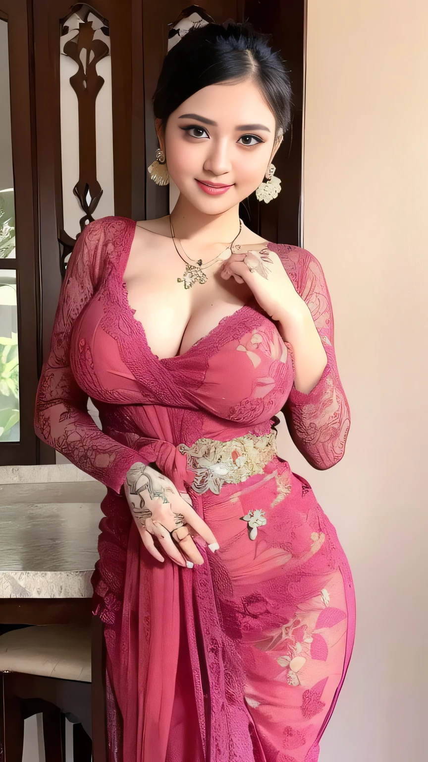 A beauty girl with tattoos on body, beautiful art tattoo detailed, ((text tattoo on body:LOVE)), Wearing kebaya dress, detailed beautiful eyes, baby face, cute girl, big breast, earrings, necklace, Javanese ornament