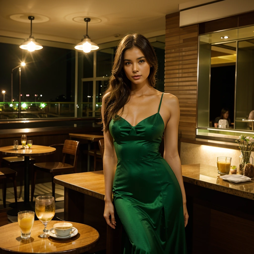 Female supermodel. Green evening dress. Dim, soft lighting. Sunset. Sunset. Café Planetaria Tokyo, Japan.