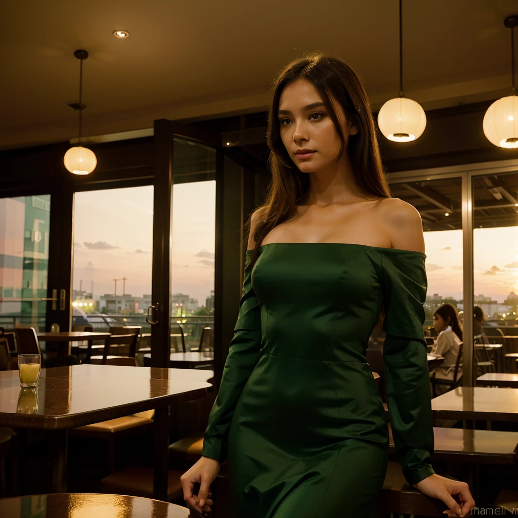 Female supermodel. Green evening dress. Dim, soft lighting. Sunset. Sunset. Café Planetaria Tokyo, Japan.