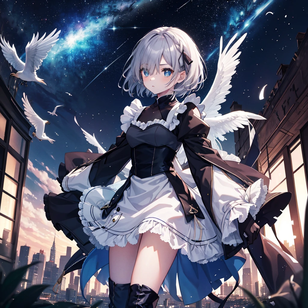 (masterpiece:1.6, Highest quality), (Fine and beautiful eyes: 1.2), Fiami, Yaminor, Ranpura, One girl, Flower Field, White Dress, planet, Starry Sky, petal, scenery, Floating Hair, night, No sleeve, Sun skirt, No sleeve dress, Illustration of one person, Dengeki Bunko, Woman Looking Back, Perfect Human Medicine, Woman keeps falling, {{{{{Maid clothes}}}}},Small Tits,anime, Two legs, Cool,{{{{{50 year old woman}}}}} ,{{{{{a person is depicted}}}}},(Official Art、{{{{{Upper Bodyアングル}}}}},Highest quality、Unity 8k wallpaper、32k、masterpiece、Ultra-detailed、Ultra-high resolution, Realistic、Grab your hair with your hands, Photorealistic:1.2)、(Cinema Lighting:1.2)、,Fire Glow Effect、The most grainy shadows on the film、Rim Light、Side light、Side Shot、(Ultra-detailedで複雑な3Dレンダリング)、Very short hair, Short wolf hair,細部までBeautiful Faceと目、Sharp pupils、Realistic生徒、Slender、Highly detailed background、Beautiful Face、Beautiful 16 year old girl、(Ultra-detailedなスキン、Detailed skin texture:1.Silver Hair:1.3)、Blunt bangs、blue eyes、{{{{{黒いMaid clothes}}}}}、White apron costume、Black knee socks、(Thighs Thighs Thighs Thighs:0.8)、Dancing on the Tower Roof、(avert your eyes、Overlooking the city:1.3)、Fantastic、Close your mouth and bite, Makes your face smaller, (Tabletop), Highest quality, Perfect Face, 1 Girl, alone, Eye color is light blue, Hair between the eyes, Very Short Hair, blue eyes, Silver Hair, Knee-high boots, corset,Black gloves, Long sleeve, Upper Body, Light and multiple flying birds,