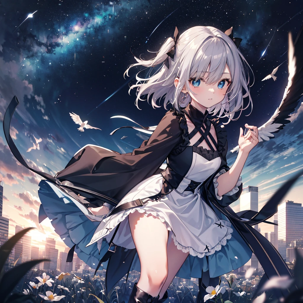 (masterpiece:1.6, Highest quality), (Fine and beautiful eyes: 1.2), Fiami, Yaminor, Ranpura, One girl, Flower Field, White Dress, planet, Starry Sky, petal, scenery, Floating Hair, night, No sleeve, Sun skirt, No sleeve dress, Illustration of one person, Dengeki Bunko, Woman Looking Back, Perfect Human Medicine, Woman keeps falling, {{{{{Maid clothes}}}}},Small Tits,anime, Two legs, Cool,{{{{{50 year old woman}}}}} ,{{{{{a person is depicted}}}}},(Official Art、{{{{{Upper Bodyアングル}}}}},Highest quality、Unity 8k wallpaper、32k、masterpiece、Ultra-detailed、Ultra-high resolution, Realistic、Grab your hair with your hands, Photorealistic:1.2)、(Cinema Lighting:1.2)、,Fire Glow Effect、The most grainy shadows on the film、Rim Light、Side light、Side Shot、(Ultra-detailedで複雑な3Dレンダリング)、Very short hair, Short wolf hair,細部までBeautiful Faceと目、Sharp pupils、Realistic生徒、Slender、Highly detailed background、Beautiful Face、Beautiful  girl、(Ultra-detailedなスキン、Detailed skin texture:1.Silver Hair:1.3)、Blunt bangs、blue eyes、{{{{{黒いMaid clothes}}}}}、White apron costume、Black knee socks、(Thighs Thighs Thighs Thighs:0.8)、Dancing on the Tower Roof、(avert your eyes、Overlooking the city:1.3)、Fantastic、Close your mouth and bite, Makes your face smaller, (Tabletop), Highest quality, Perfect Face, 1 Girl, alone, Eye color is light blue, Hair between the eyes, Very Short Hair, blue eyes, Silver Hair, Knee-high boots, corset,Black gloves, Long sleeve, Upper Body, Light and multiple flying birds,