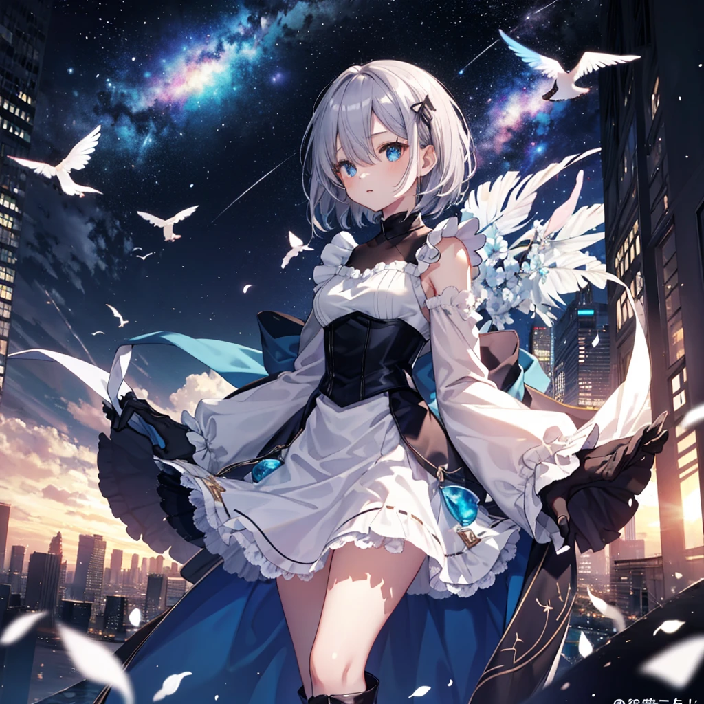 (masterpiece:1.6, Highest quality), (Fine and beautiful eyes: 1.2), Fiami, Yaminor, Ranpura, One girl, Flower Field, White Dress, planet, Starry Sky, petal, scenery, Floating Hair, night, No sleeve, Sun skirt, No sleeve dress, Illustration of one person, Dengeki Bunko, Woman Looking Back, Perfect Human Medicine, Woman keeps falling, {{{{{Maid clothes}}}}},Small Tits,anime, Two legs, Cool,{{{{{50 year old woman}}}}} ,{{{{{a person is depicted}}}}},(Official Art、{{{{{Upper Bodyアングル}}}}},Highest quality、Unity 8k wallpaper、32k、masterpiece、Ultra-detailed、Ultra-high resolution, Realistic、Grab your hair with your hands, Photorealistic:1.2)、(Cinema Lighting:1.2)、,Fire Glow Effect、The most grainy shadows on the film、Rim Light、Side light、Side Shot、(Ultra-detailedで複雑な3Dレンダリング)、Very short hair, Short wolf hair,細部までBeautiful Faceと目、Sharp pupils、Realistic生徒、Slender、Highly detailed background、Beautiful Face、Beautiful  girl、(Ultra-detailedなスキン、Detailed skin texture:1.Silver Hair:1.3)、Blunt bangs、blue eyes、{{{{{黒いMaid clothes}}}}}、White apron costume、Black knee socks、(Thighs Thighs Thighs Thighs:0.8)、Dancing on the Tower Roof、(avert your eyes、Overlooking the city:1.3)、Fantastic、Close your mouth and bite, Makes your face smaller, (Tabletop), Highest quality, Perfect Face, 1 Girl, alone, Eye color is light blue, Hair between the eyes, Very Short Hair, blue eyes, Silver Hair, Knee-high boots, corset,Black gloves, Long sleeve, Upper Body, Light and multiple flying birds,