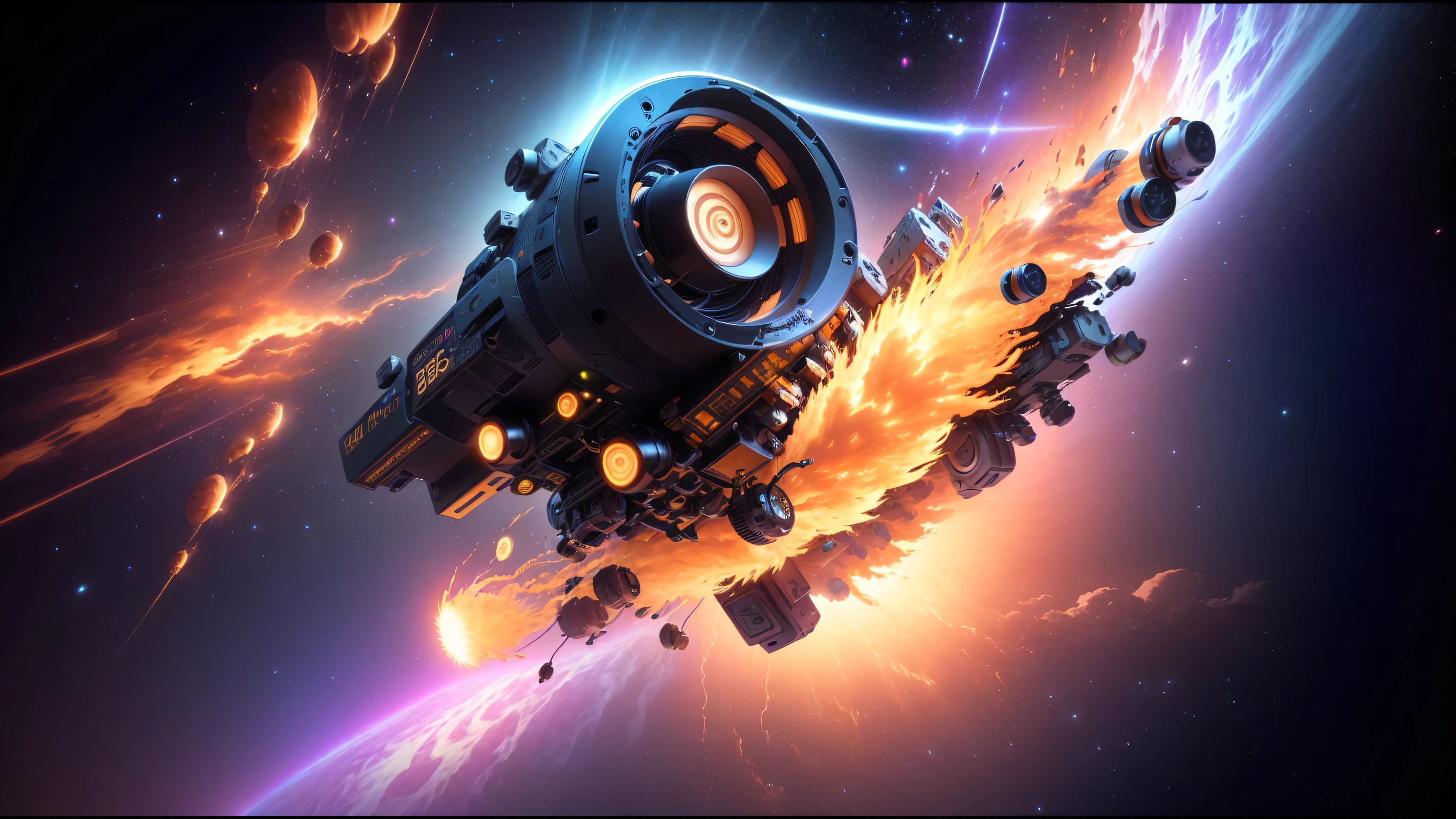 Cartoon characters in space,Surrounded by rings of fire and smoke, 8k stunning artwork, style hybrid mix of beeping sounds, beeping sounds artwork, greg beeping sounds, beeping sounds!!, 8k render”, beeping sounds style, beeping sounds masterpiece, beeping sounds art, Hyper-realism 8k, beeping sounds |, 3 d render beeping sounds
