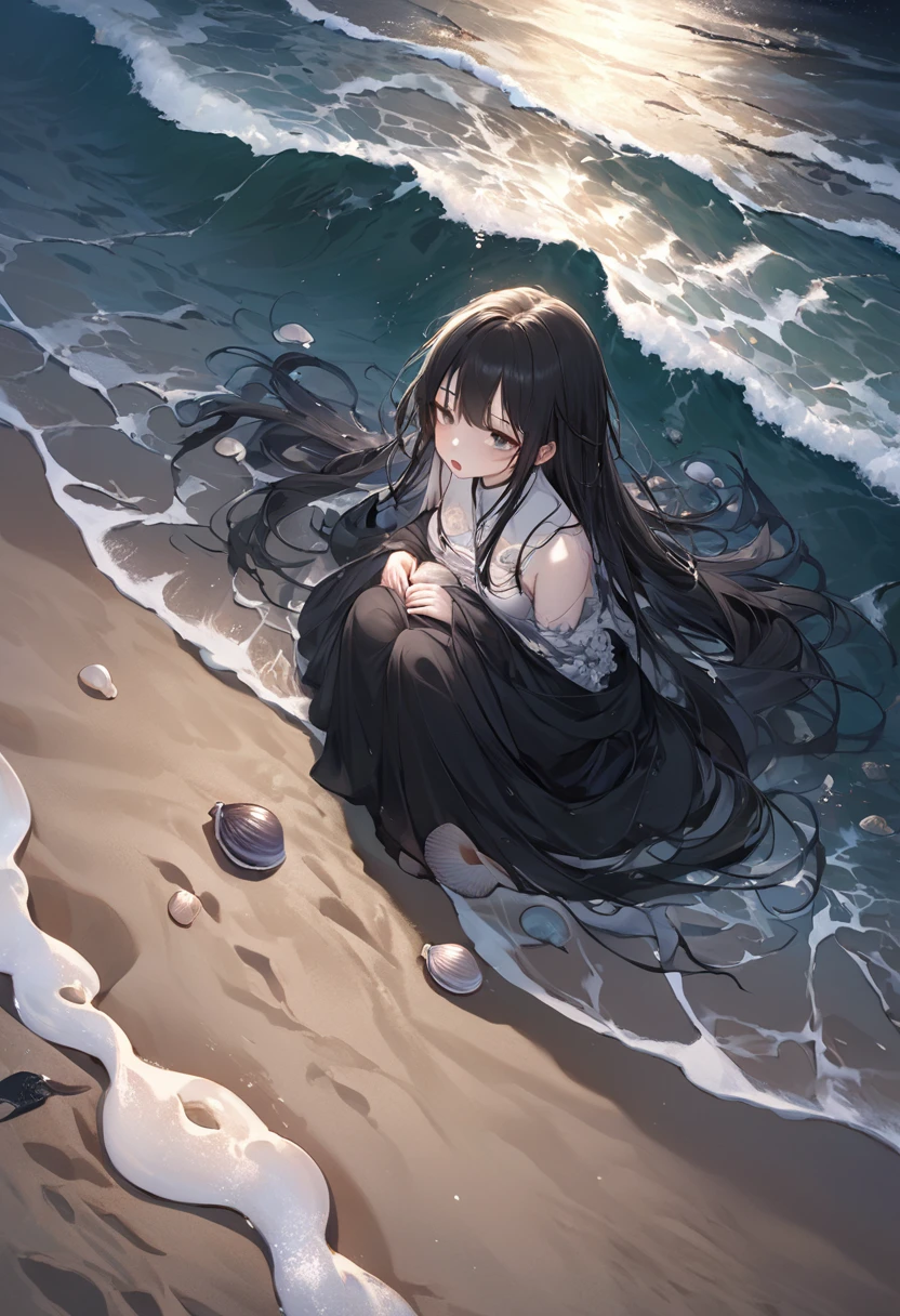 Ultra high definition、masterpiece、correct、Anatomically correct、Textured skin、Very detailed、High detail、high quality、最high quality、High resolution８K、Very detailed、whole body、Medium chest、Something like a clam、 Clam-like、 Something like a grain、 The bodies of these creatures are buried in the sand.、 Out of nowhere、 Countless silk-like hands grow、 The hair on my hands moves with the waves.。 Pity on this warm spring night、 The tide flows gently、 Flowing over living things、 Shellfish tongue too、The flickering lights look sad.、 Looking out towards the far shore、 On the wet shoreline、 A line of sick people with no legs below the waist are walking by.、 Walking aimlessly。 ah、Those human hairs、 The spring night&#39;s mist is thick with mist、 Replying to @sarah_mcdonald、Replying to @sarah_mcdonald、 This line of white waves is a ripple