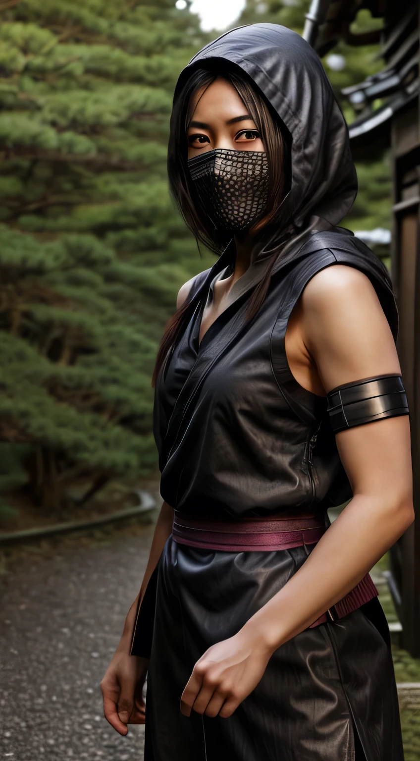 female shinobi with shoulder armor, asian, long black hair, brown eyes, hooded, fishnets, ninja garb, sakura background, japan