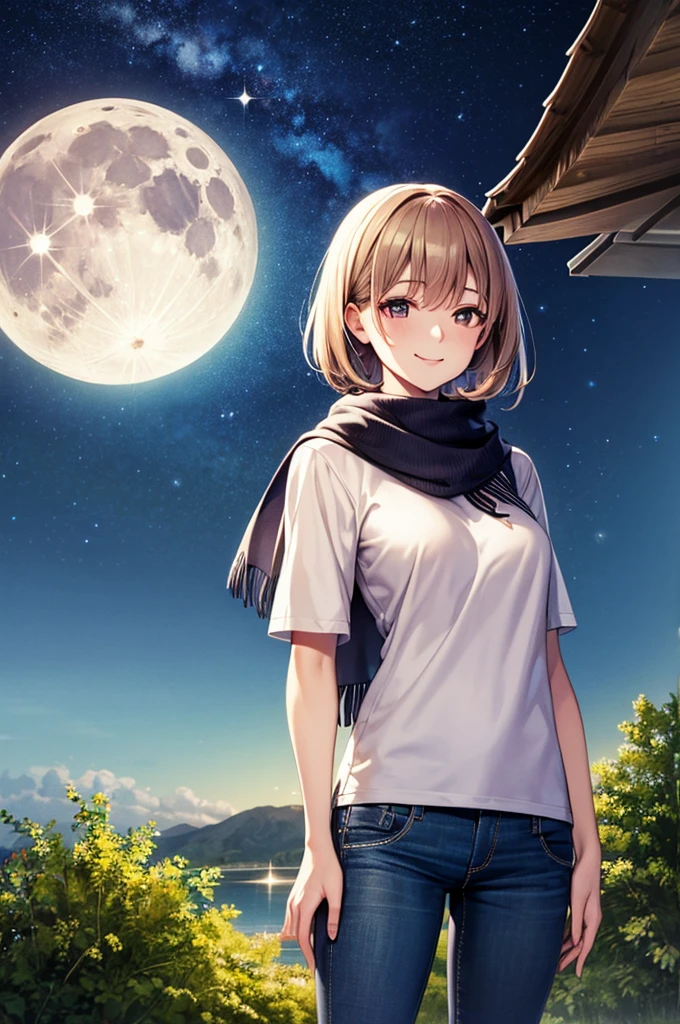 Highest quality, High resolution, Clear image, Concept Art, Night Sky,  moon, girl, smile, jeans, T-Shirts, scarf,  beautiful, cute, comfortable, nature, dream-like, relaxed, Sparkling, Lovely