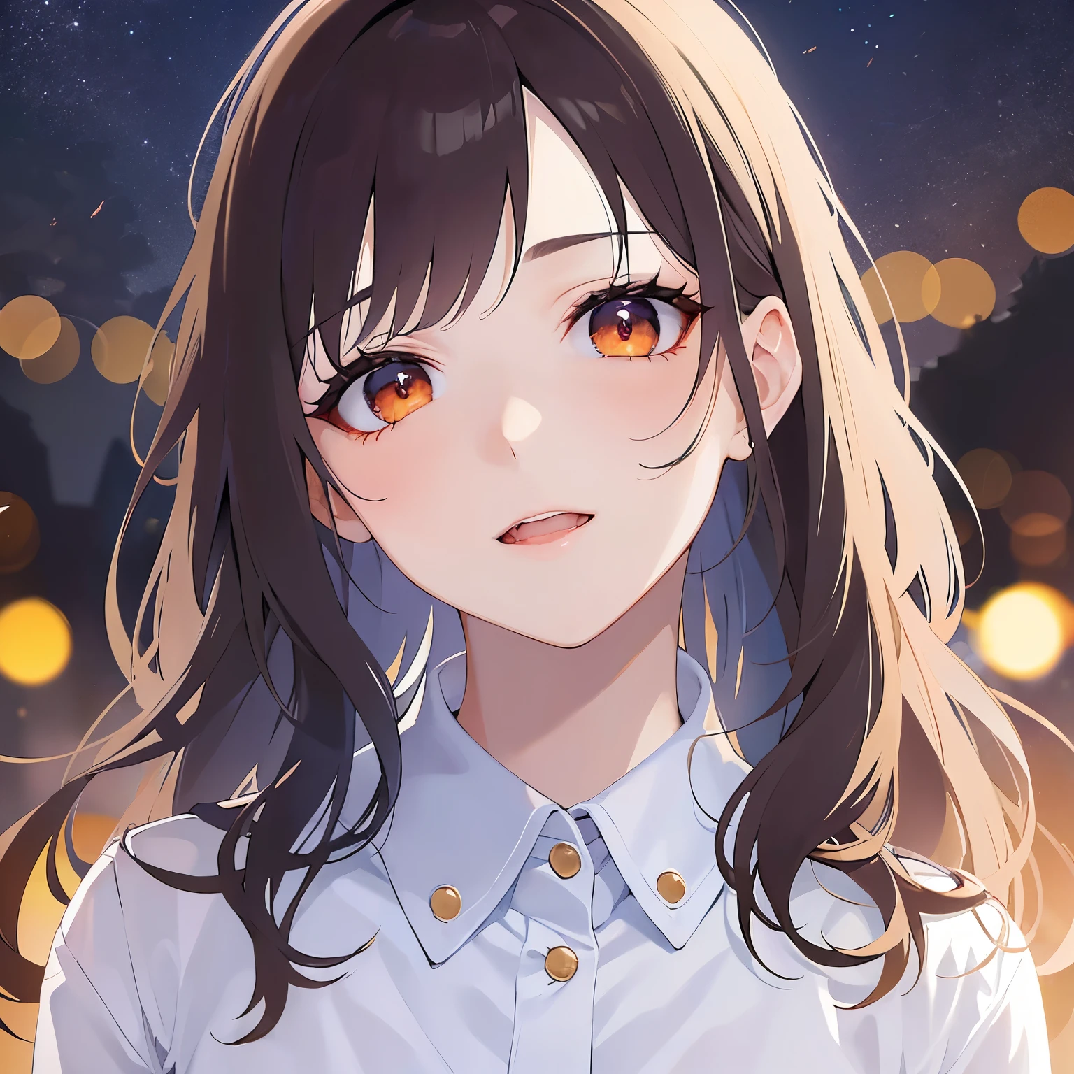 lookin at viewer,upper Body, head tilt、
Realistic, real person, (pale skin: 1.2), RAW photo, photorealistic, shiny skin, shiny hair、
(A 25-year-old woman with bob hair and bangs:1.5) and (wavy hair) and (brown hair) and (Orange Eyes)、(business suit)and (Wearing a white collared shirt)、
open mouth,happy smile,(Night Sky:1.5)、garden