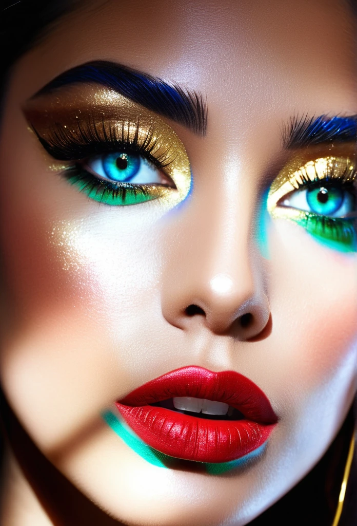 a woman's face. Detailed close-up photo. blue contact lenses. subtle, low-key red gold green themed makeup. False lashes. Glamorous Latina model