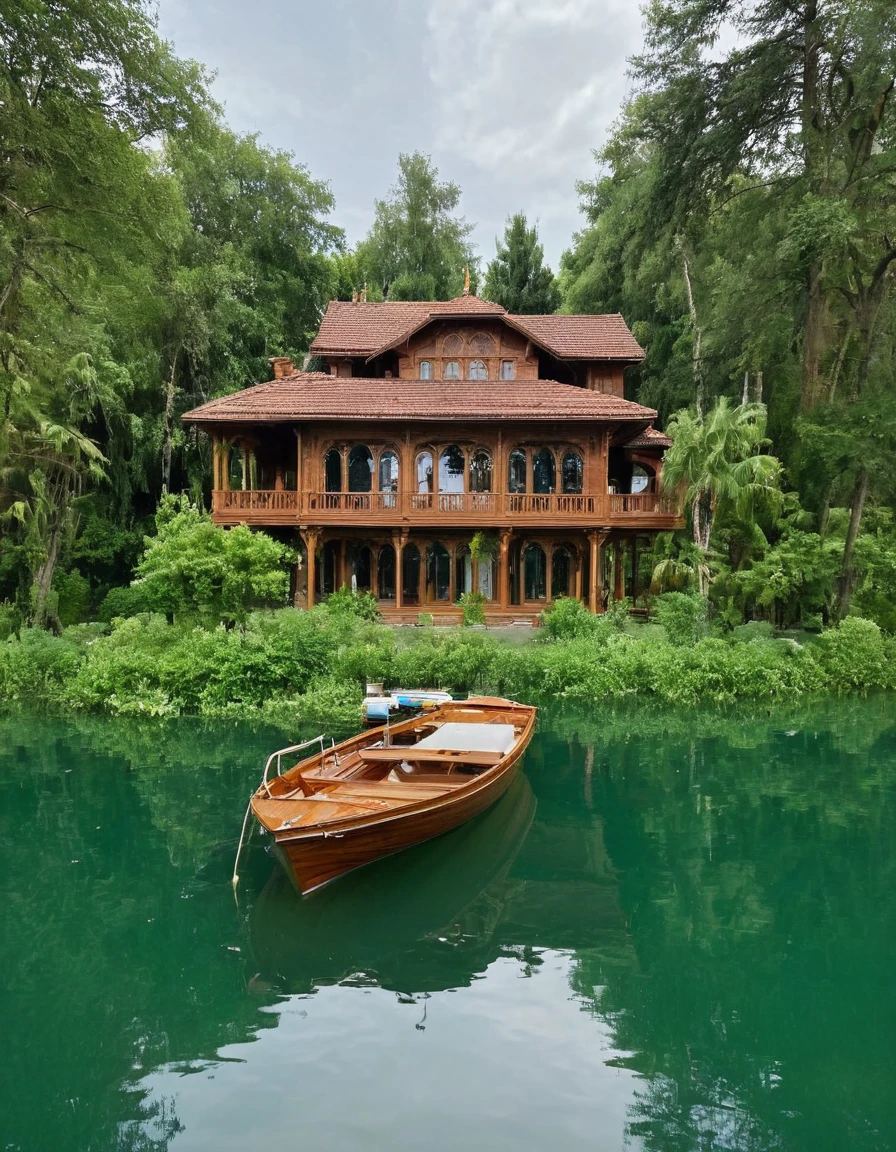 there is a boat that is floating in the water near a house, lake house, floating palace, on a boat on a lake, in the middle of a lake, incredibly beautiful, very close to real nature, peaceful wooden mansion, beautiful and mysterious, beautiful image, beautiful place, luxury lifestyle, boat dock, wooden boat, perfectly detailed, on a lake