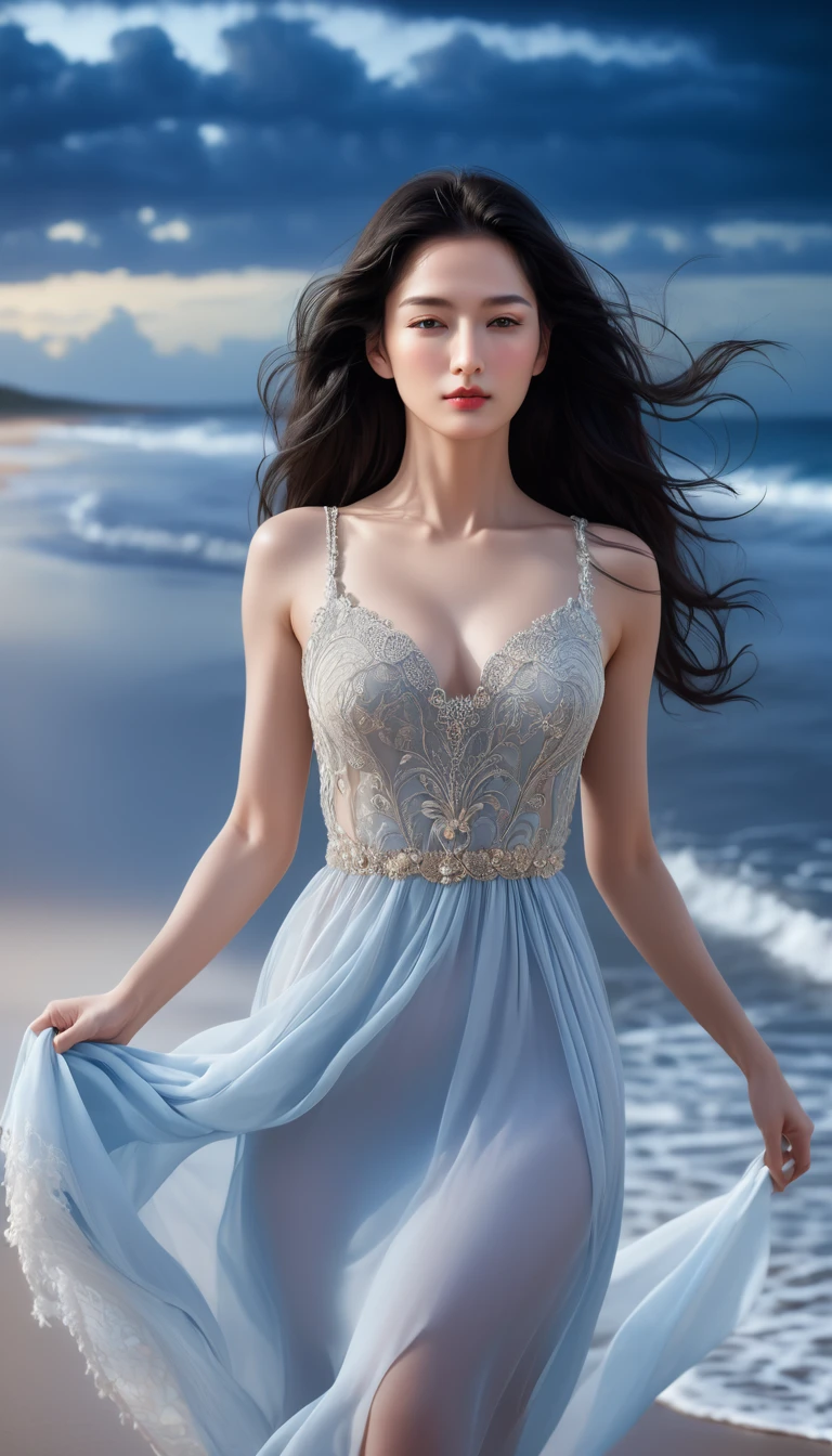 ((Masterpieces with up to 16K resolution:1.6)),Highest quality,it is really amazing,Very detailed,Ultra-high resolution,((Real:1.5)),((Realistic:1.5)),Increased depth of field,Cinematic Light,
Elegant mature woman,
Long black hair,((Exquisitely detailed face:1.5)),Translucent white skin,Very sensitive skin,Great proportions,Anatomically correct body,
elegant beach dress,Artistic design,Beautiful and detailed pattern,Luxurious jewellery decoration,Detailed fabric texture,
Coastal landscape at dusk,Dark clouds and dark sky,delay々Continuing sandy beach, Deserted Beach,Dark sea surface,
(Dramatic Angle:1.6),