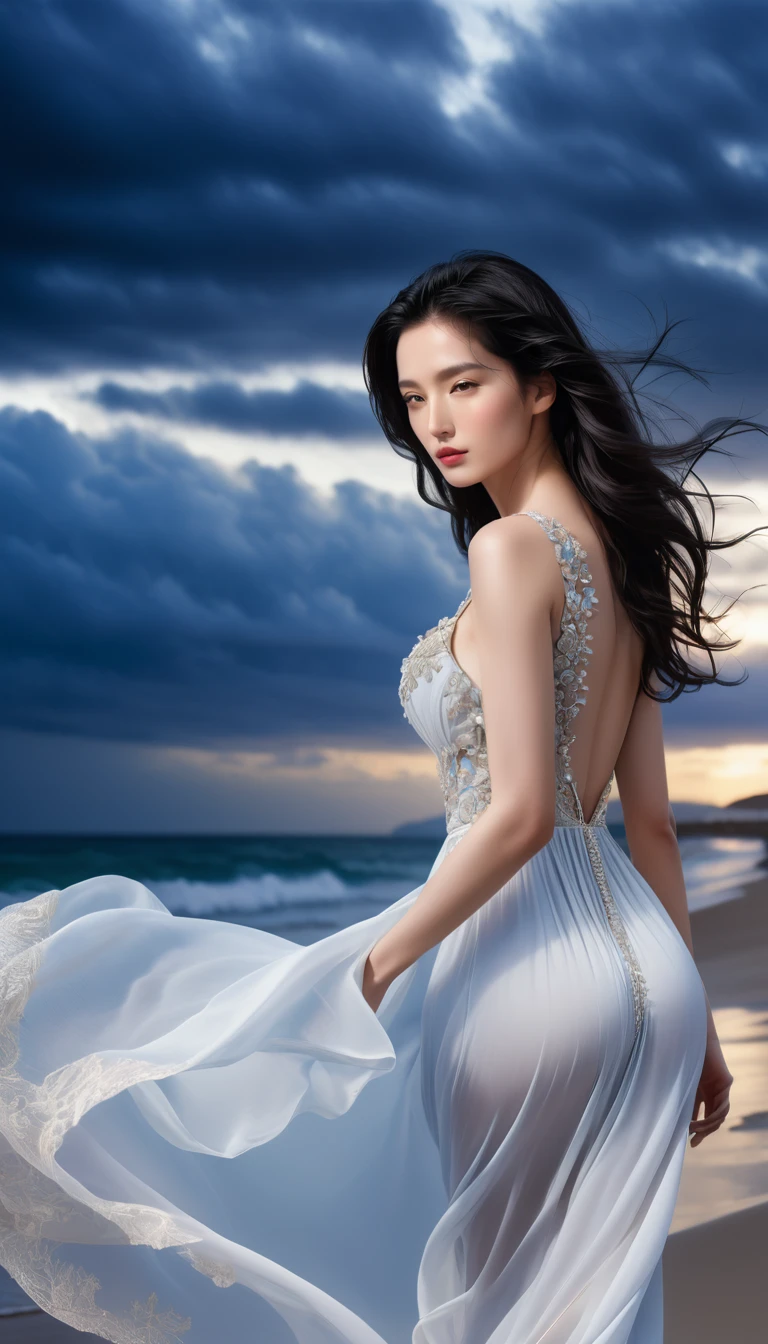 ((Masterpieces with up to 16K resolution:1.6)),Highest quality,it is really amazing,Very detailed,Ultra-high resolution,((Real:1.5)),((Realistic:1.5)),Increased depth of field,Cinematic Light,
Elegant mature woman,
Long black hair,((Exquisitely detailed face:1.5)),Translucent white skin,Very sensitive skin,Great proportions,Anatomically correct body,
elegant beach dress,Artistic design,Beautiful and detailed pattern,Luxurious jewellery decoration,Detailed fabric texture,
Coastal landscape at dusk,Dark clouds and dark sky,delay々Continuing sandy beach, Deserted Beach,Dark sea surface,
(Dramatic Angle:1.6),