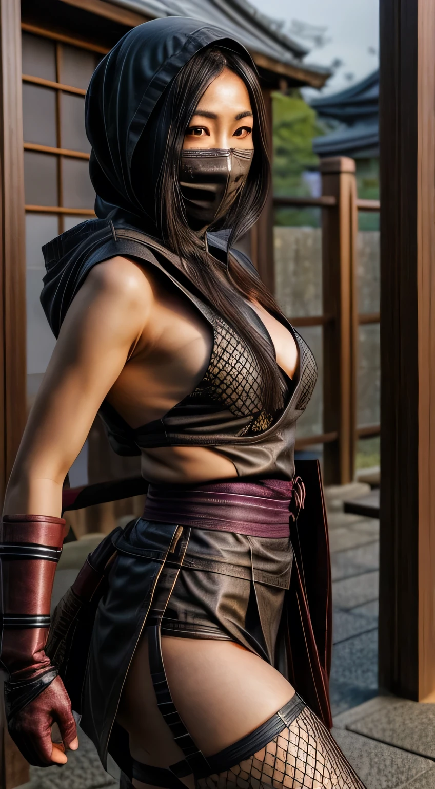 female shinobi with shoulder armor, asian, long black hair, brown eyes, hooded, fishnets, ninja garb, sakura background, japan