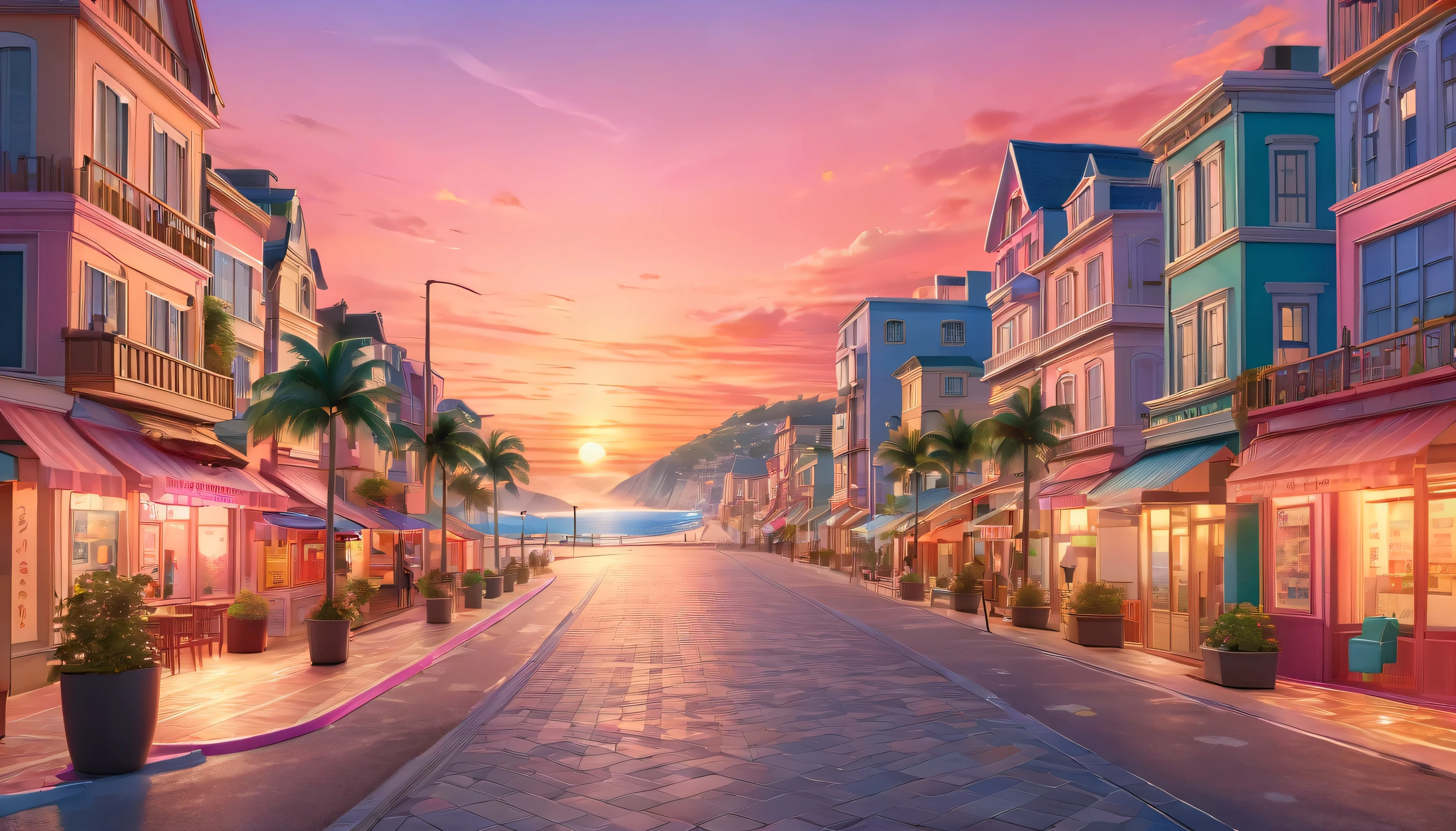 a serene city street at sunset, a winding seaside promenade, a beautiful anime-style illustration, a vibrant orange and pink sky, a sense of tranquility and wonder, (best quality,4k,8k,highres,masterpiece:1.2),ultra-detailed,(realistic,photorealistic,photo-realistic:1.37),intricate background details,dynamic lighting,vivid colors,soft pastel tones