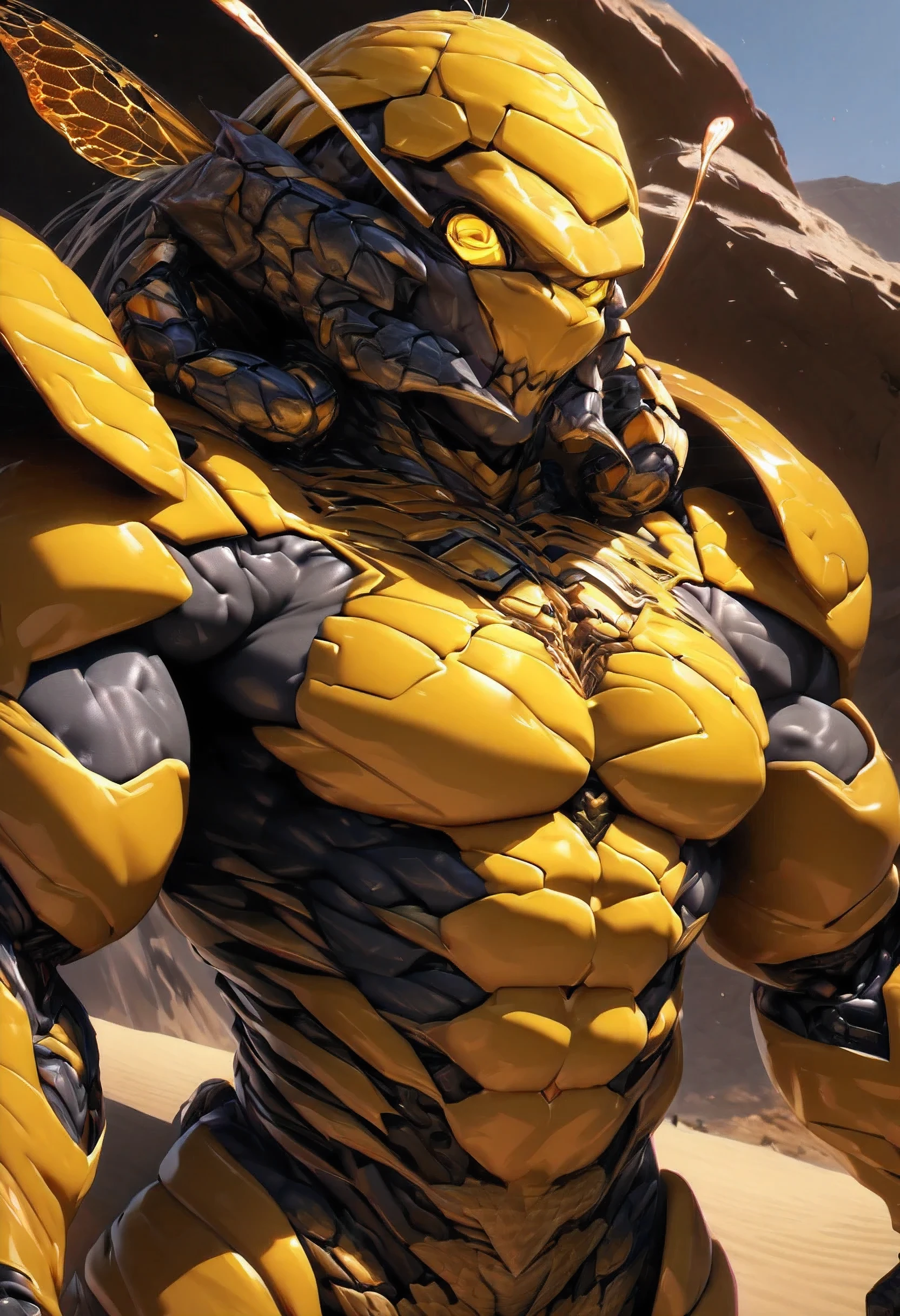 (((intricate design))) (((professional))) (((clear focus))) (((32k UHD Resolution))) (((photorealistic))) (((hyper-detail))) (((masterpiece))), ultra-realistic, a digital render, expressive eyes, perfect face, mesmerising eyes, perfectly detailed anatomy, low contrast, (((Volumetric lighting))) (((cinematic lighting))) (((sunny))) (((1male))) hyper pecs, thick thighs, ((tall muscular man male humanoid)), bald, humanoid yellow skin, bee anatomy, deity, god of honey bees, humanoid black & yellow skin tone, yellow hue, powerful humanoid appearance, compound eyes, stinger, abdomen, metallic scales, scales. Metallic armour, wings, elf ears, glossy skin, large smirking face, flying in the sky, mandibles, Antenna, honey, ((male muscular stripe black & yellow humanoid insect honey bee)) (((yellow skin))), (((black skin))) oily skin, (((in a windy desert))) orange goggles,