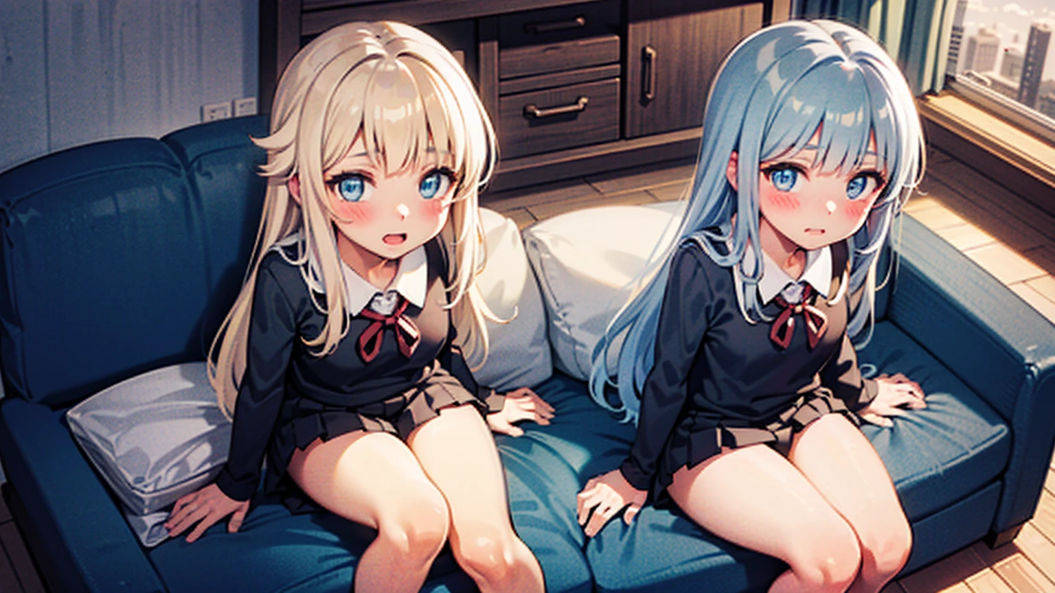 2girl, large hair, platinum blonde hair, blue eyes, blushing face, kindergarten uniform, living room, couch, looking at viewer, from above, multiple view, window, night sky,