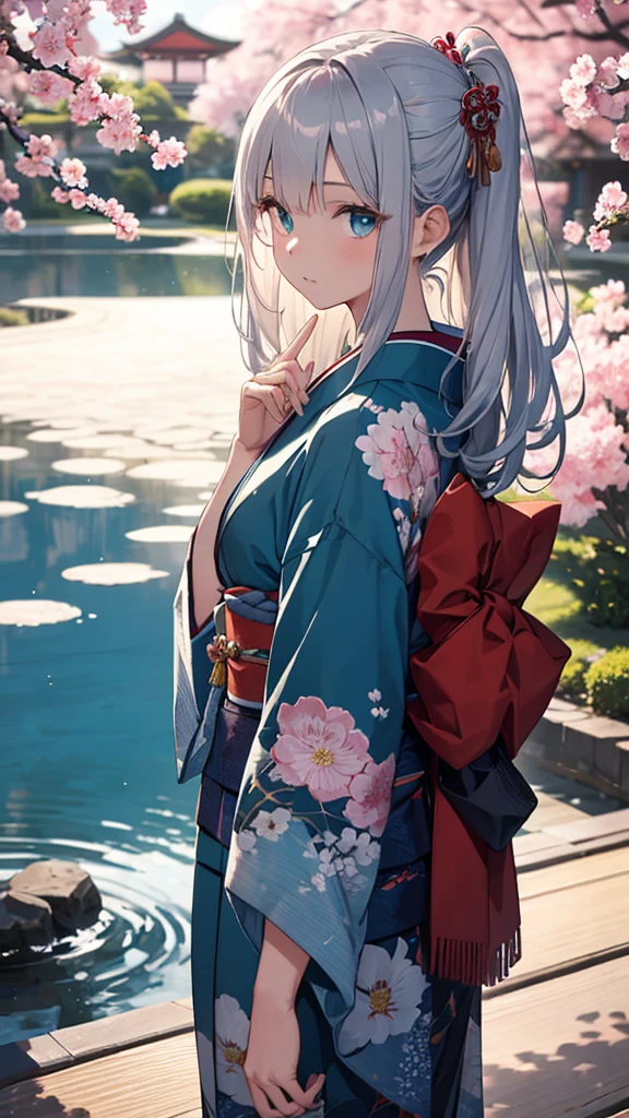Create an image of a shy girl with silver hair and cyan eyes, looking down with a lack of confidence. Her hair is long and flowing, adorned with delicate silver hairpins. She is wearing a beautiful, intricate kimono with floral patterns, standing in a serene Japanese garden with cherry blossoms in the background. The camera angle is slightly from the side, capturing her delicate profile and the tranquil scenery. The girl is making eye contact with the camera, adding a sense of connection to the viewer. Her fingers should be accurately depicted, with precise details on the shape and positioning. The kimono's obi sash should include detailed depictions of the obidome, ensuring accuracy in its design and ornamentation. Ensure the image is a masterpiece with the best quality, very detailed, and very delicate.