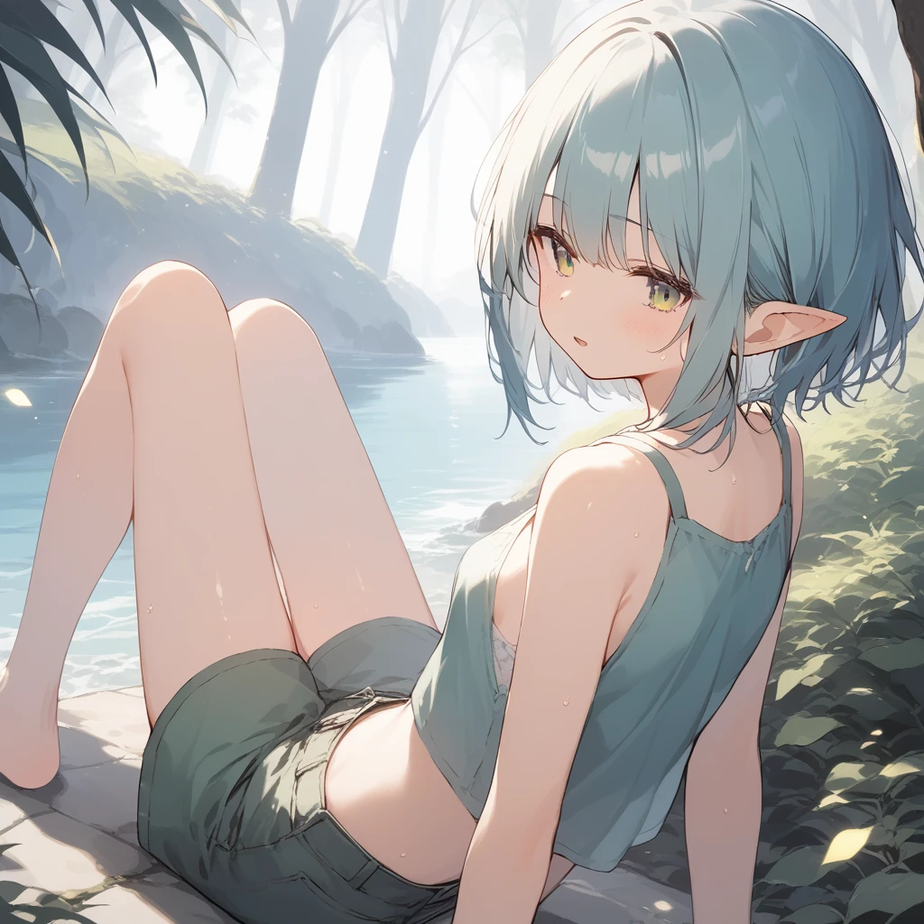 score_9, score_8_up, score_7_up, source_anime, best quality, masterpiece, official art, absurdres, highres, ultra-detailed,waifu2x,Collection: Slice of Life,break,1girl, elf, short hair, slender, androgynous,expressionless, small breasts, beautiful detailed eyes, green shorts, sweat, open mouth, sleepily, outdoors, forest, spring,break,(clear line illustration:1.2), super detailed skin,very high resolution, very aesthetic, Best sexual lighting powered by famous artist, 8k,cute picture,beauty illustration,photoshop_(medium),,(Detailed Lighting),best anime 8k konachan wallpaper, pixiv contest winner, 