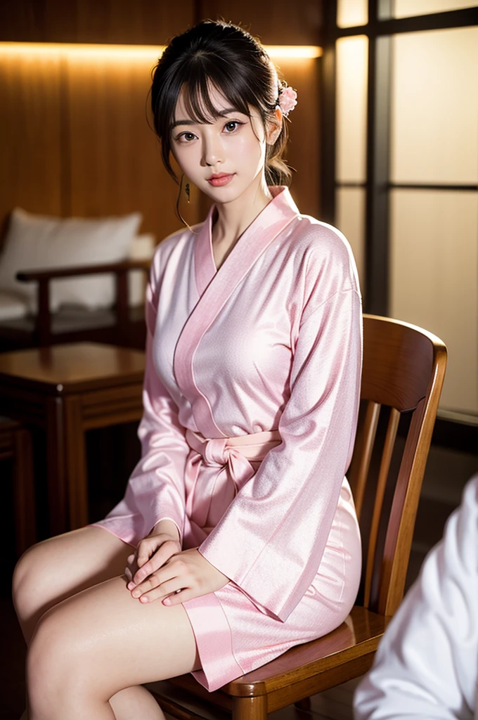 (yinchuan:1.5), close-up, masterpiece, best quality, raw photo, photorealistic, big breasts, beautiful face, soft smile, 26 year old girl, light pink yukata, floral yukata, sitting on a chair, pretty legs visible, night, depth of field, high resolution, ultra detail, fine detail, highly detailed, very detailed eyes and face, sharp pupils, realistic pupils,medium breast