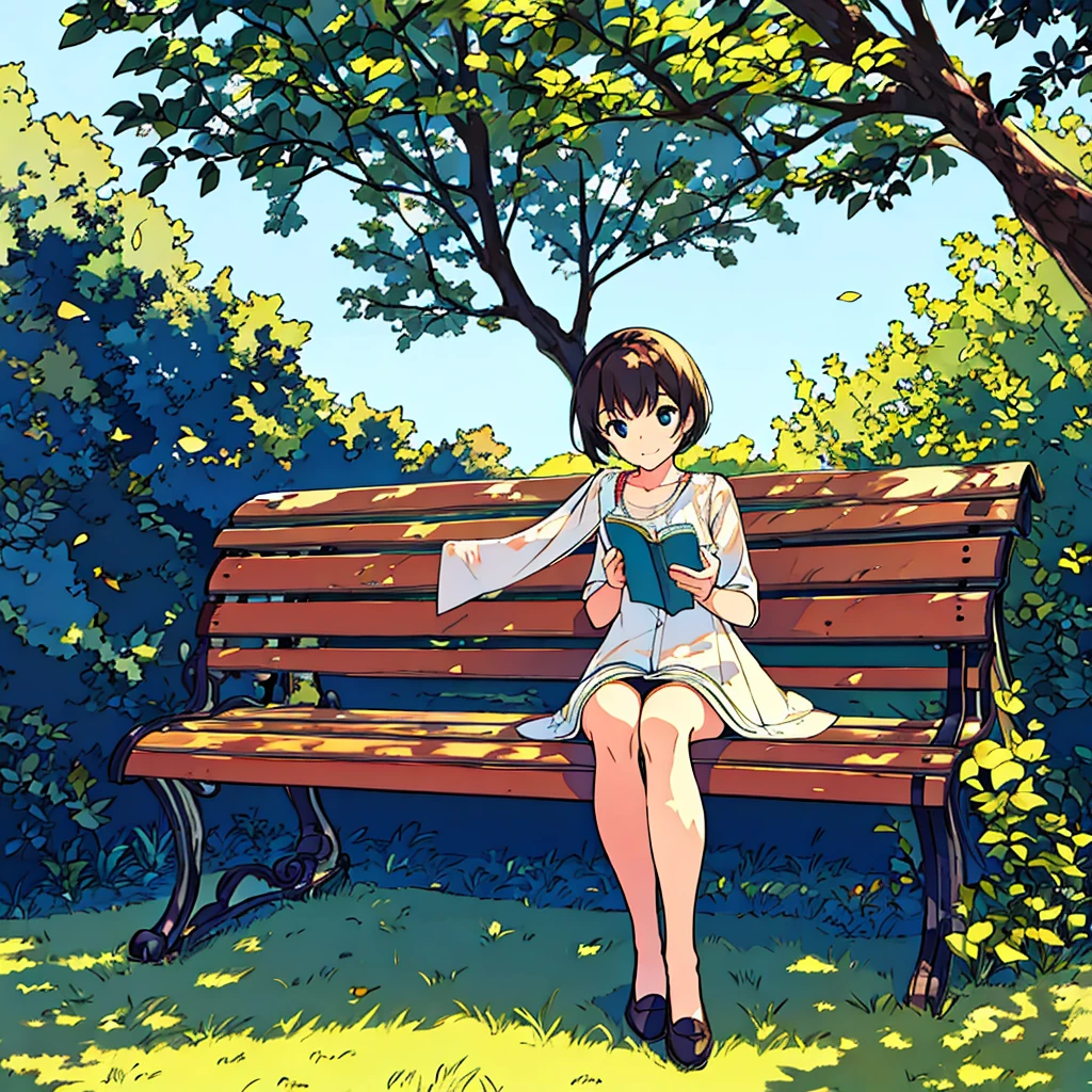 Summer A woman is sitting on a bench Sunlight through the trees Simple Nostalgic Reading a book